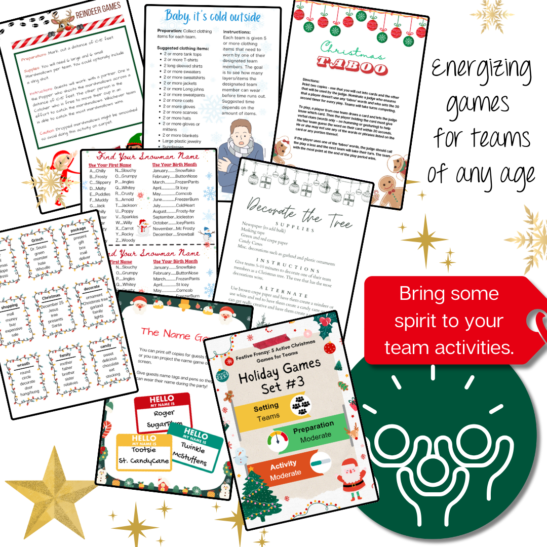 Christmas Games Set 3: 5 Low Prep Party Games for Team Challenge | Holiday Office Party | Family Game Night | Instant Download