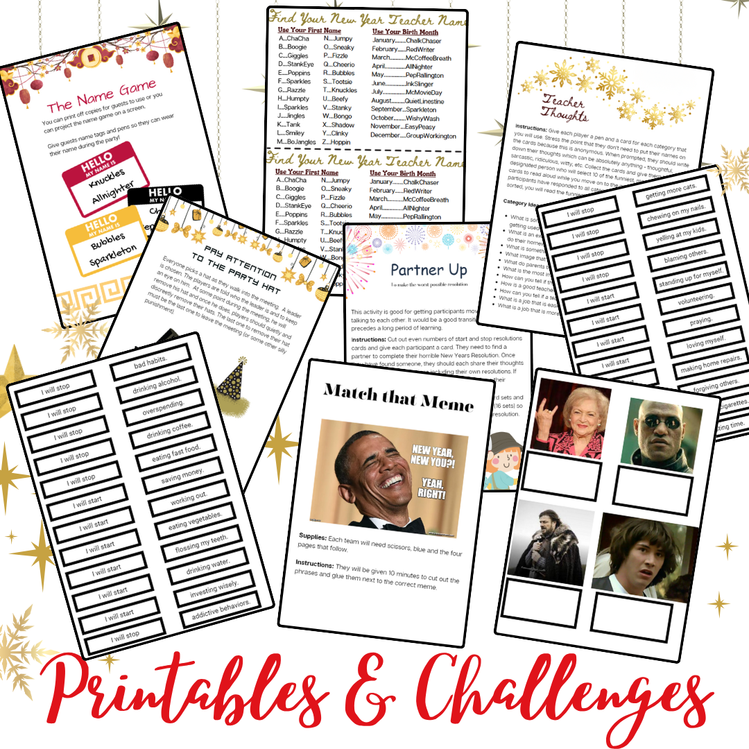 New Years Games Set 1: 5 Games for Teacher Meetings | 2026 New Years Challenges for Educators | Find Your New Year Teacher Name | Staff Meetings Instant Download
