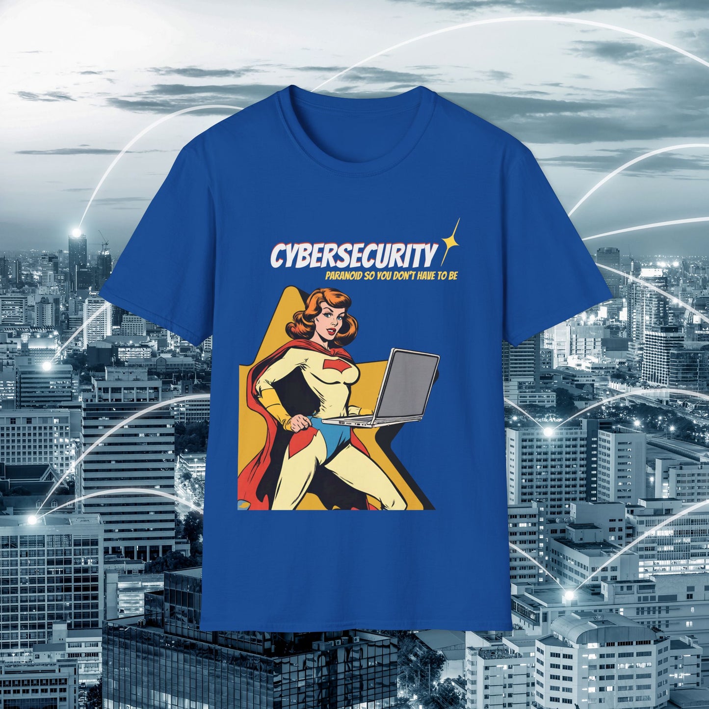 Cybersecurity Retro Comic T‑Shirt | "Paranoid So You Don’t Have To Be" | Female Superhero | Women in STEM shirt