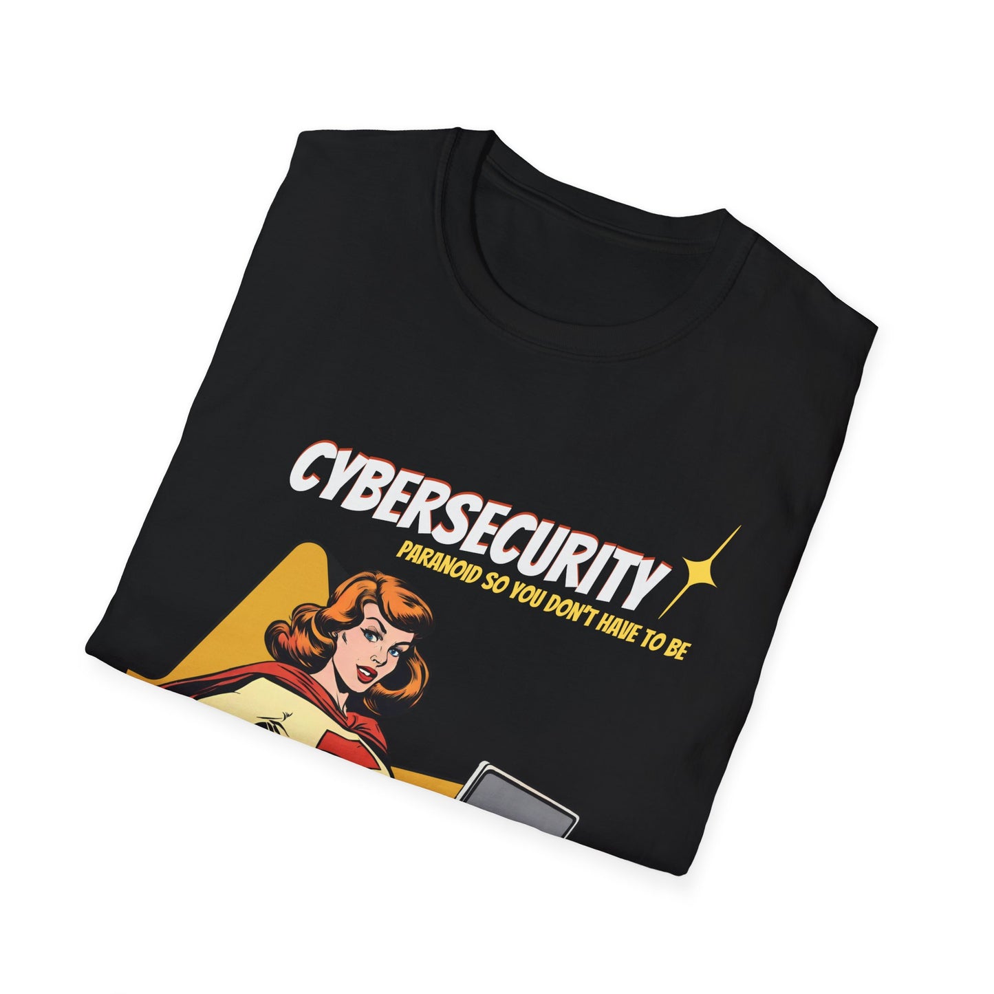 Cybersecurity Retro Comic T‑Shirt | "Paranoid So You Don’t Have To Be" | Female Superhero | Women in STEM shirt