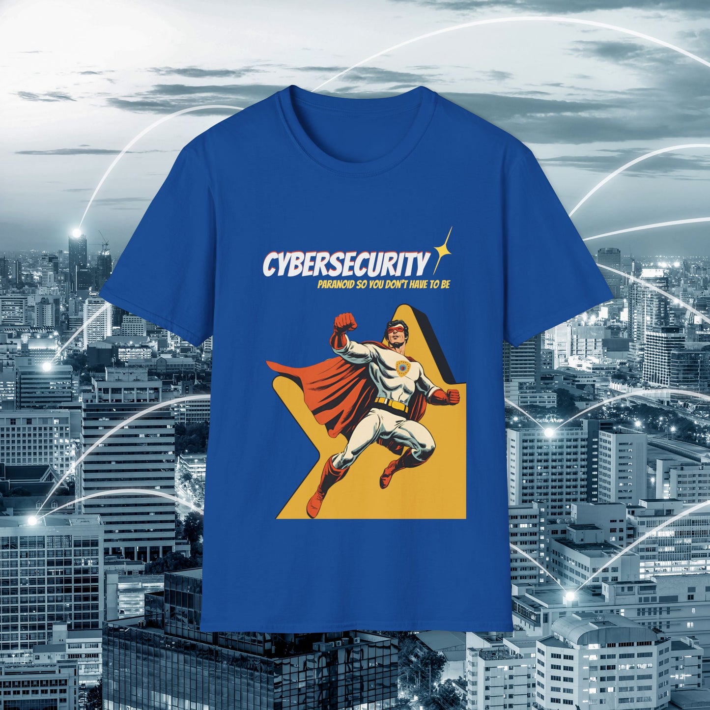 Cybersecurity Retro Comic T‑Shirt | "Paranoid So You Don’t Have To Be" | Male Superhero | Men in STEM shirt