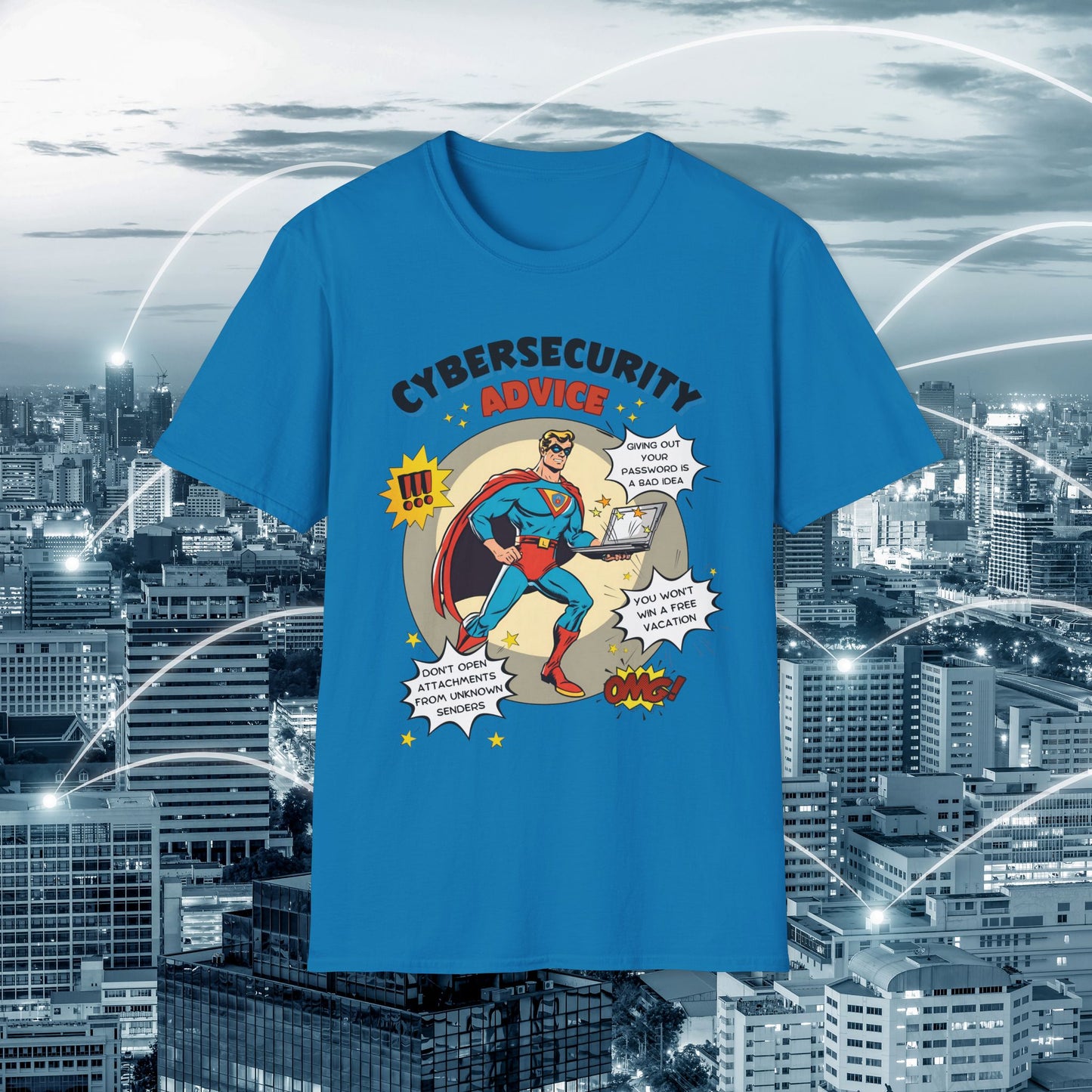 Men in stem Superhero shirt | Male Cybersecurity Advice | Vintage comic style