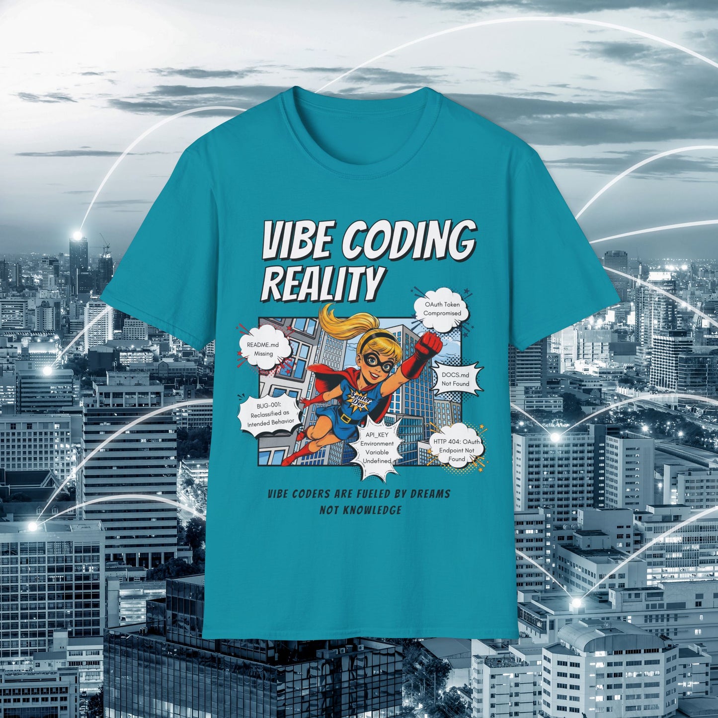 Vibe Coding Reality T-Shirt | Funny Female Senior Dev Super Hero |  Programmer Comic Tee | Vibe Coders are Fueled by Dreams