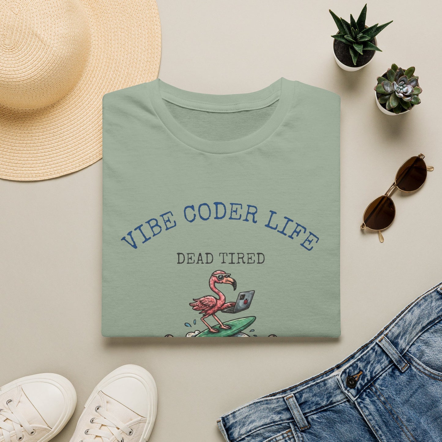 Vibe Coder Life Dead Tired Still Prompting Shirt | Flamingo on Surfboard Vibe Coding | Funny Tech shirt
