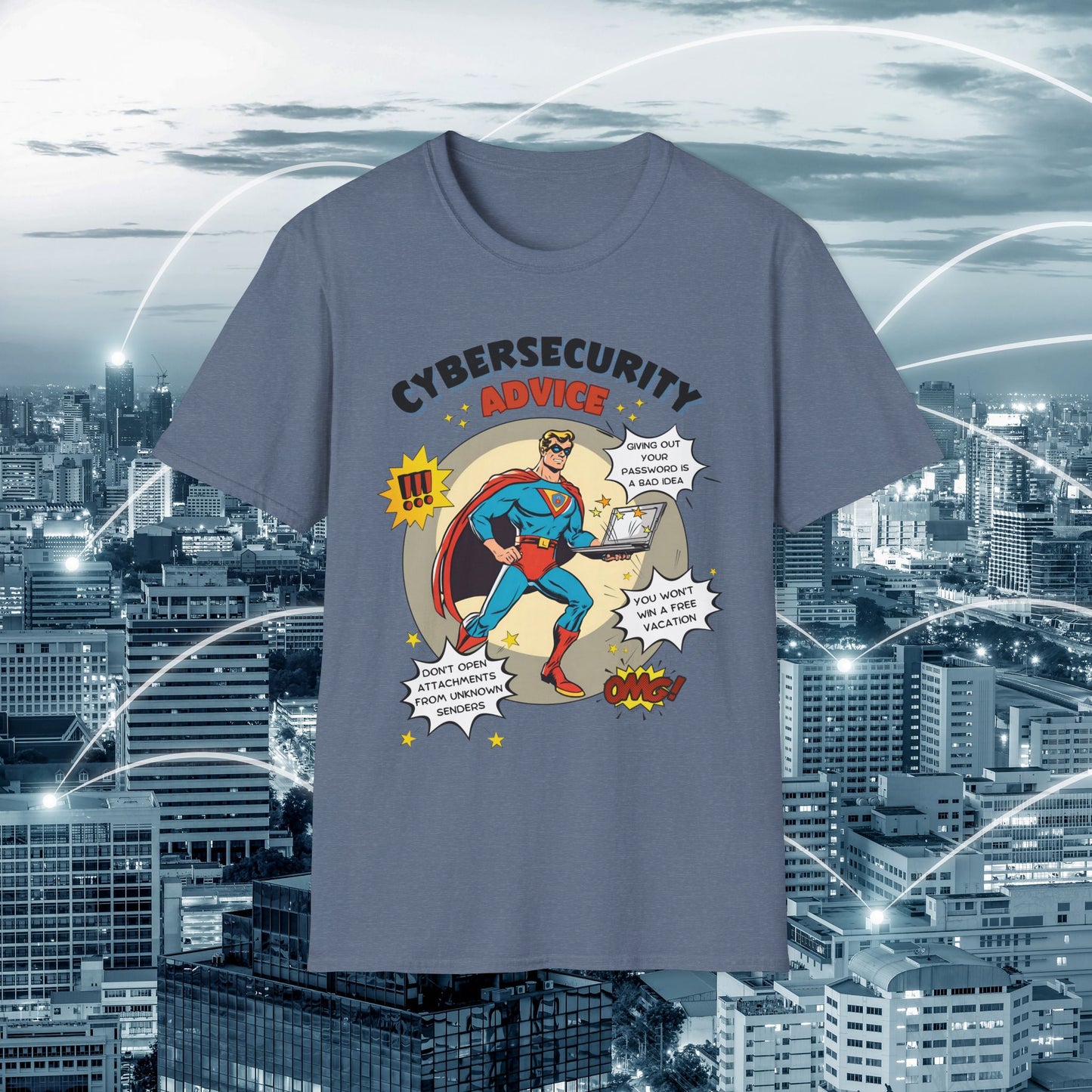 Men in stem Superhero shirt | Male Cybersecurity Advice | Vintage comic style