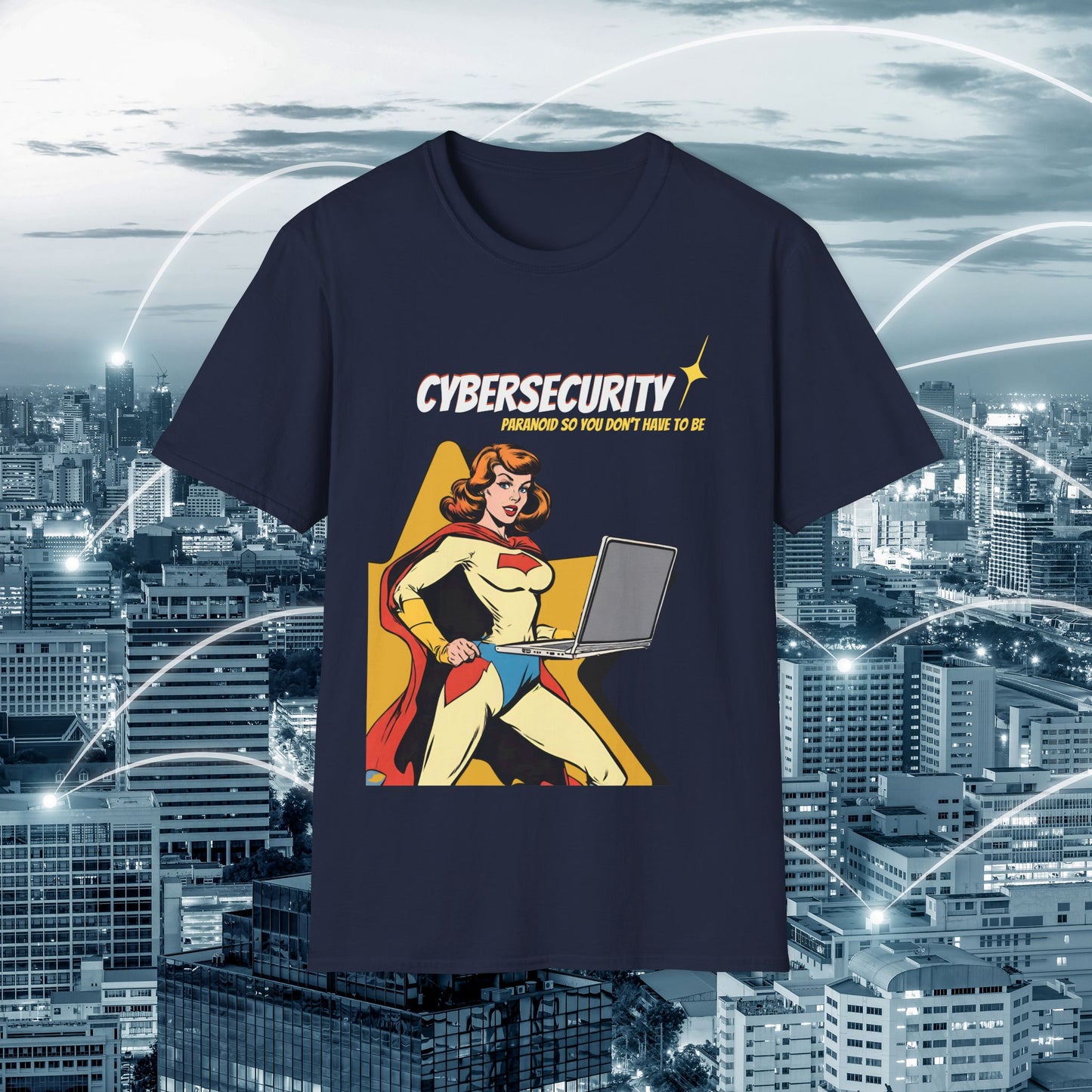 Cybersecurity Retro Comic T‑Shirt | "Paranoid So You Don’t Have To Be" | Female Superhero | Women in STEM shirt