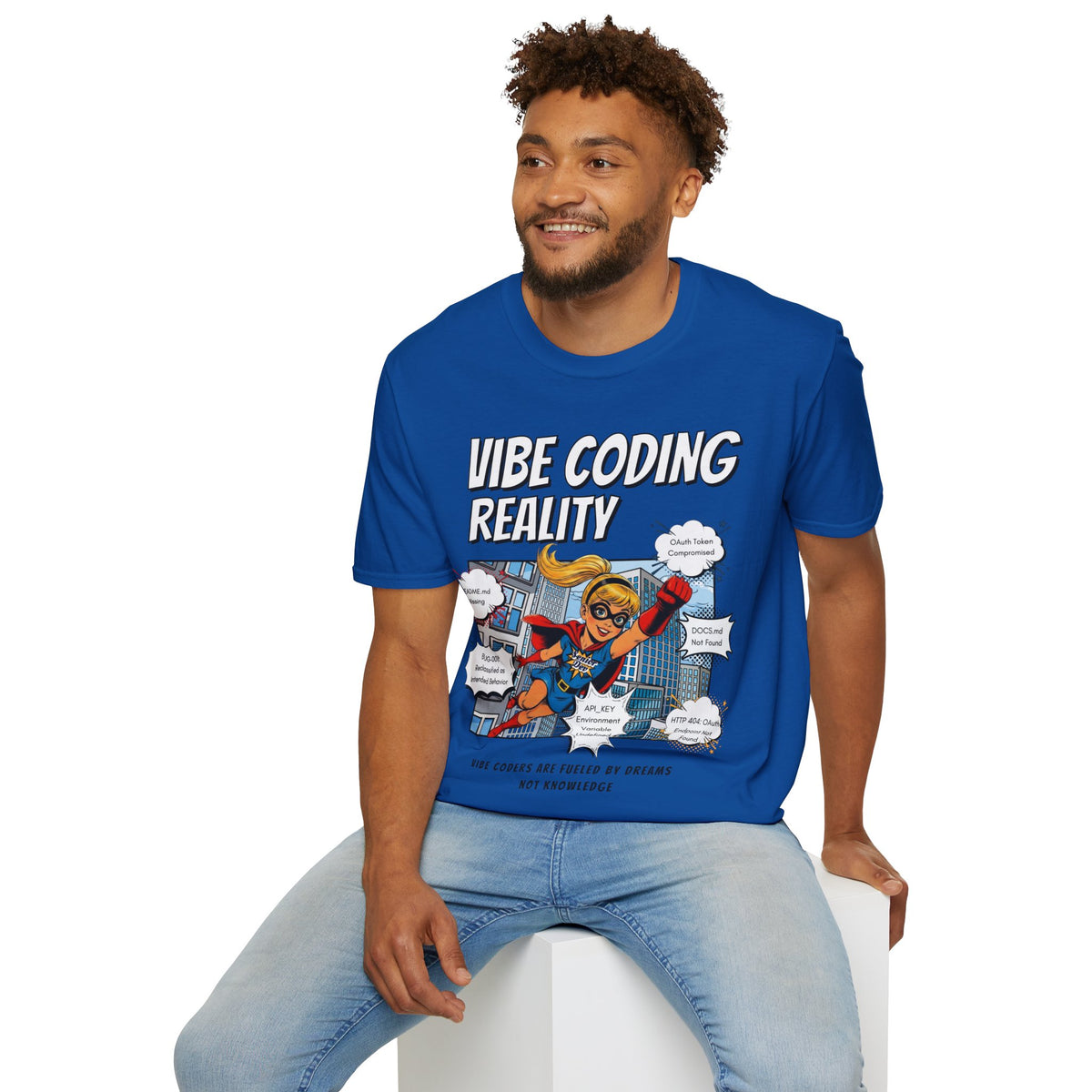 Vibe Coding Reality T-Shirt | Funny Female Senior Dev Super Hero |  Programmer Comic Tee | Vibe Coders are Fueled by Dreams
