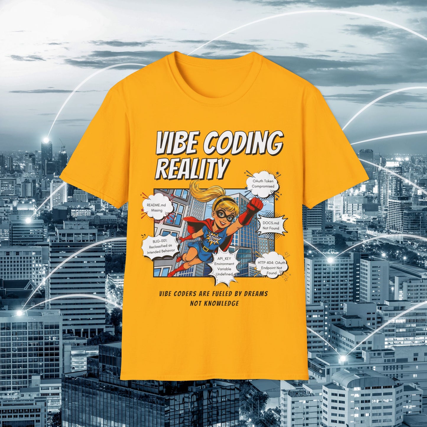 Vibe Coding Reality T-Shirt | Funny Female Senior Dev Super Hero |  Programmer Comic Tee | Vibe Coders are Fueled by Dreams