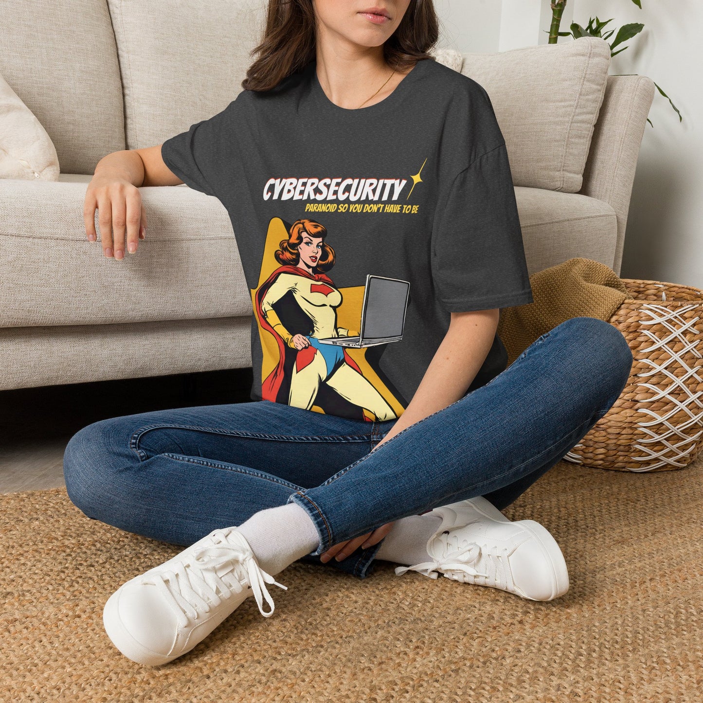 Cybersecurity Retro Comic T‑Shirt | "Paranoid So You Don’t Have To Be" | Female Superhero | Women in STEM shirt