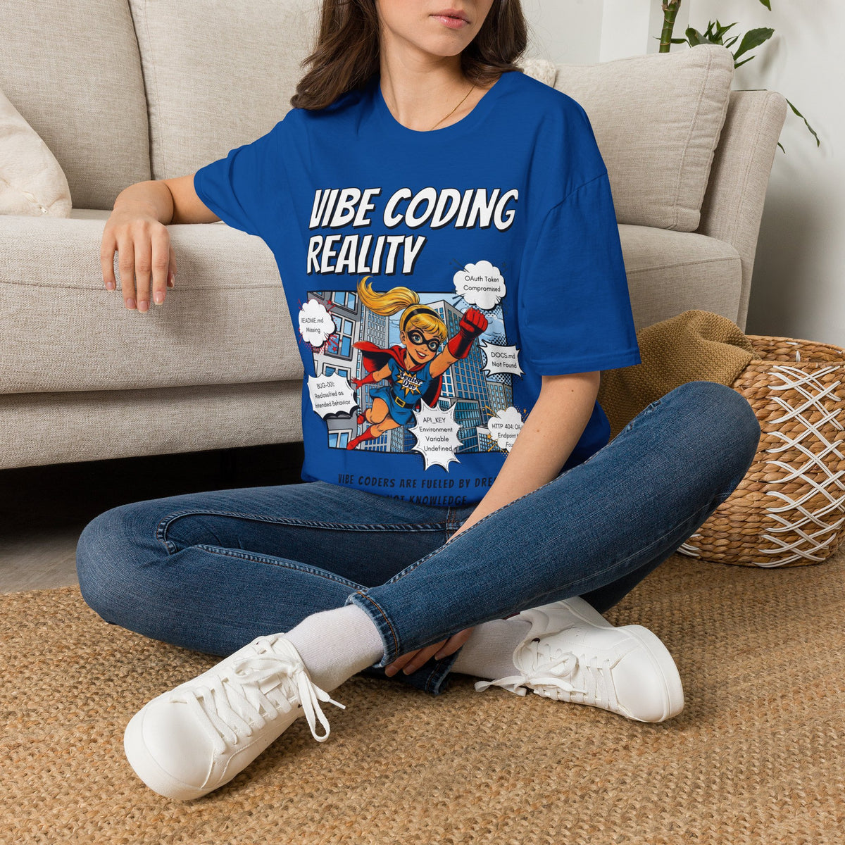 Vibe Coding Reality T-Shirt | Funny Female Senior Dev Super Hero |  Programmer Comic Tee | Vibe Coders are Fueled by Dreams