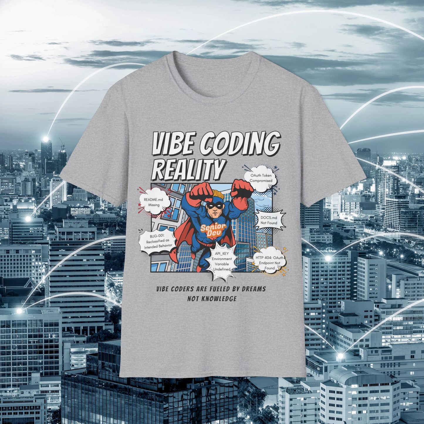 Vibe Coding Reality T-Shirt | Funny Male Senior Dev Super Hero |  Programmer Comic Tee | Vibe Coders are Fueled by Dreams