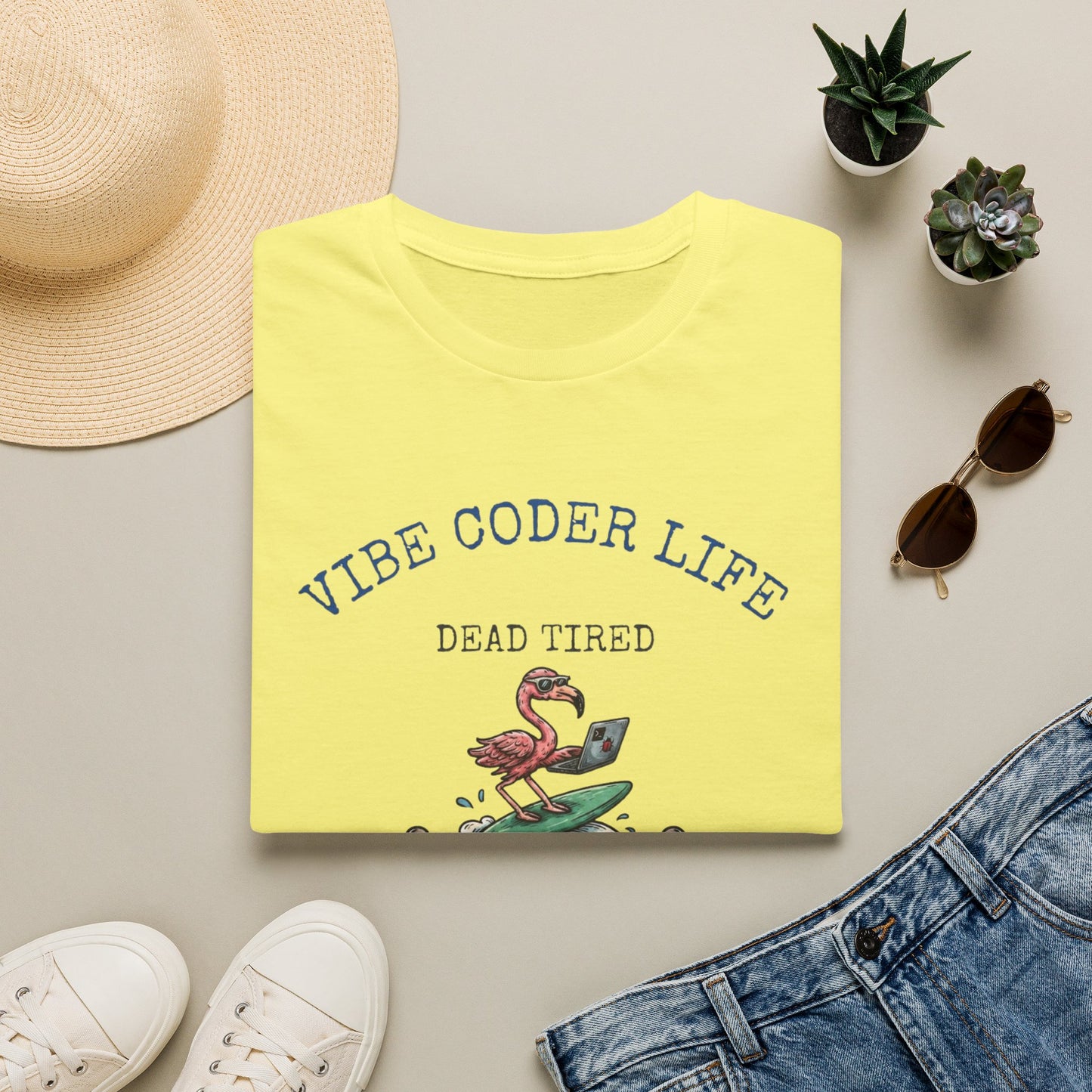 Vibe Coder Life Dead Tired Still Prompting Shirt | Flamingo on Surfboard Vibe Coding | Funny Tech shirt