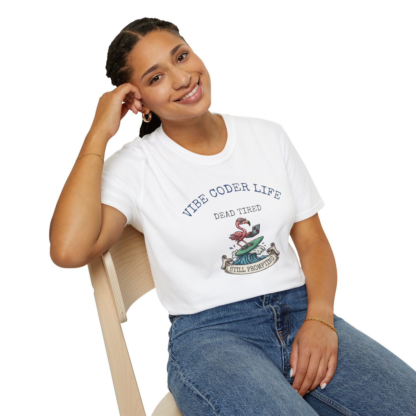 Vibe Coder Life Dead Tired Still Prompting Shirt | Flamingo on Surfboard Vibe Coding | Funny Tech shirt
