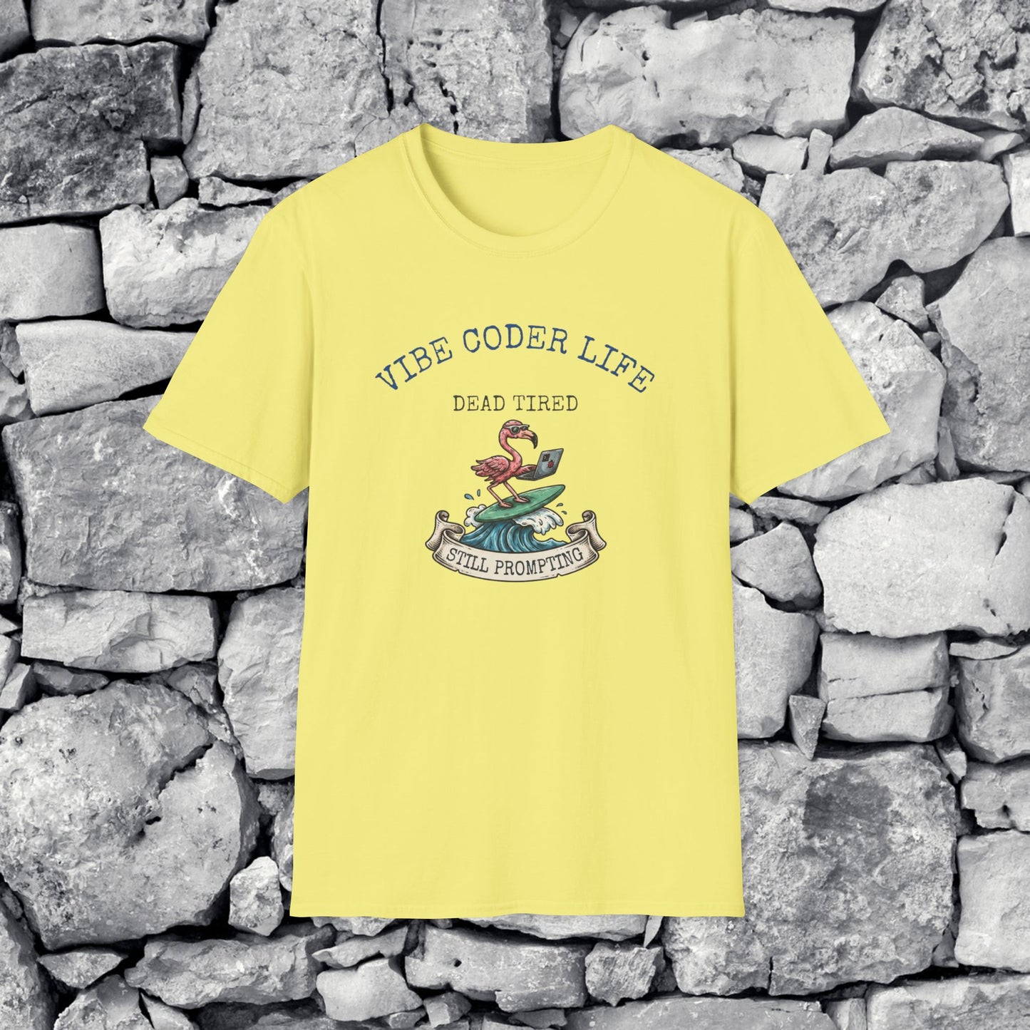 Vibe Coder Life Dead Tired Still Prompting Shirt | Flamingo on Surfboard Vibe Coding | Funny Tech shirt