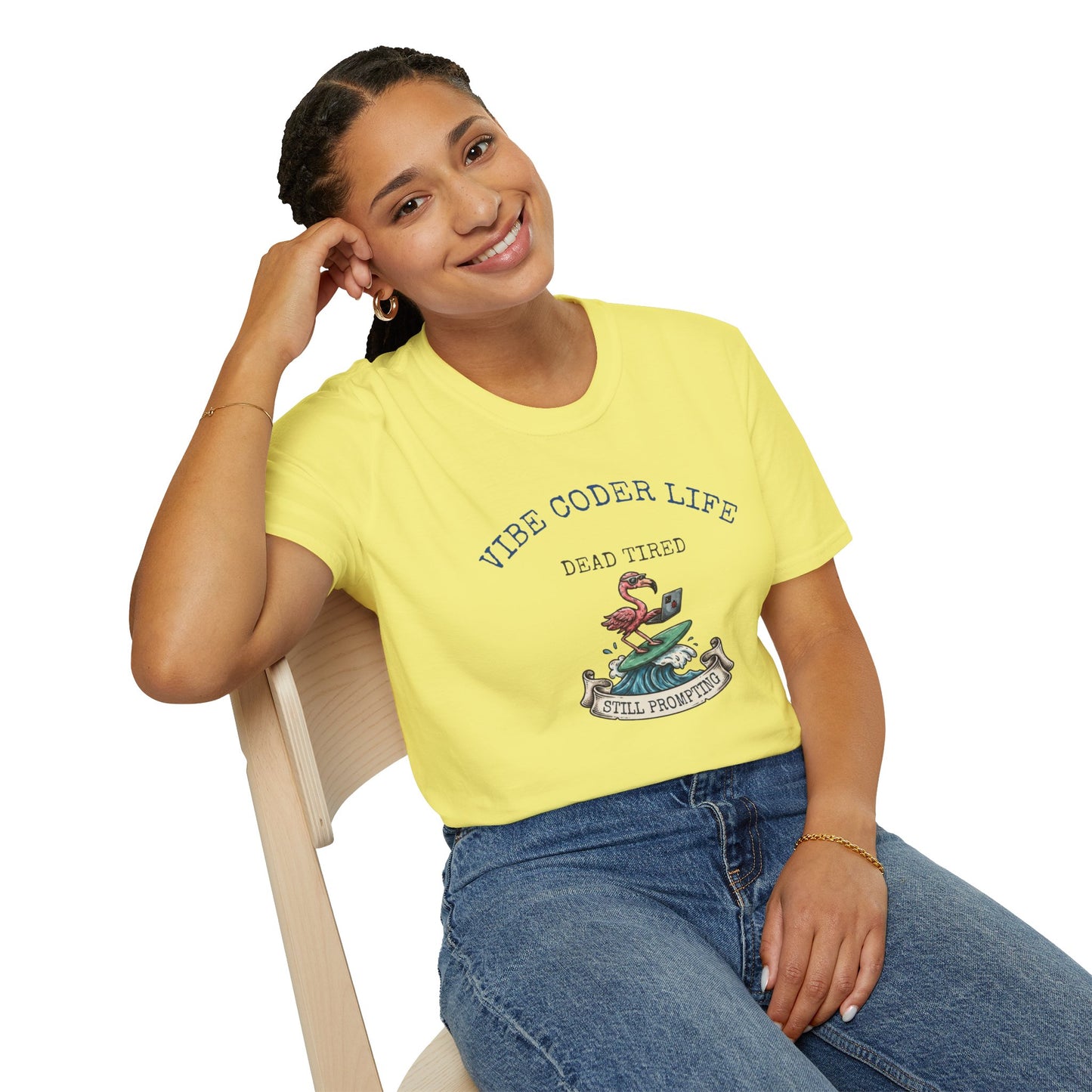 Vibe Coder Life Dead Tired Still Prompting Shirt | Flamingo on Surfboard Vibe Coding | Funny Tech shirt