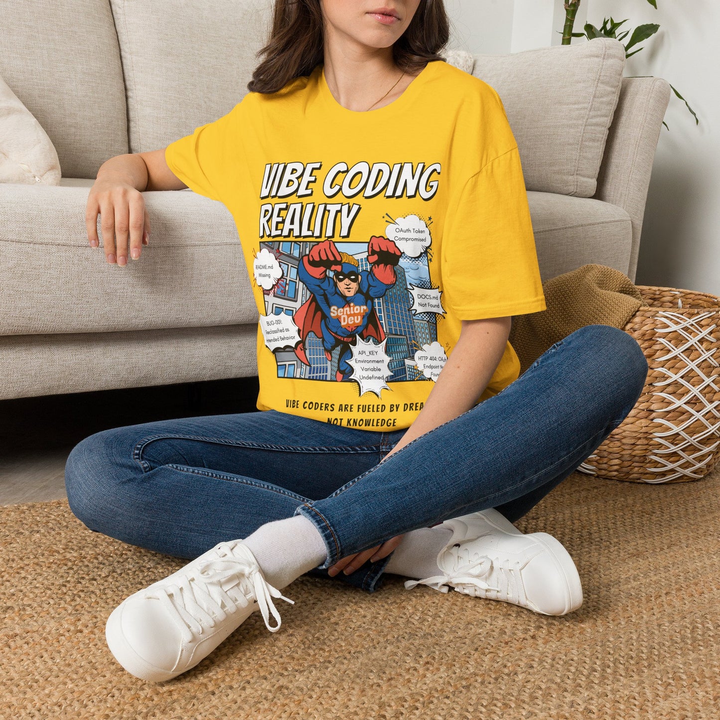 Vibe Coding Reality T-Shirt | Funny Male Senior Dev Super Hero |  Programmer Comic Tee | Vibe Coders are Fueled by Dreams