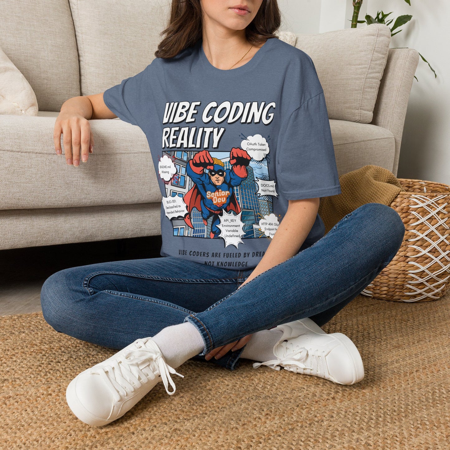 Vibe Coding Reality T-Shirt | Funny Male Senior Dev Super Hero |  Programmer Comic Tee | Vibe Coders are Fueled by Dreams