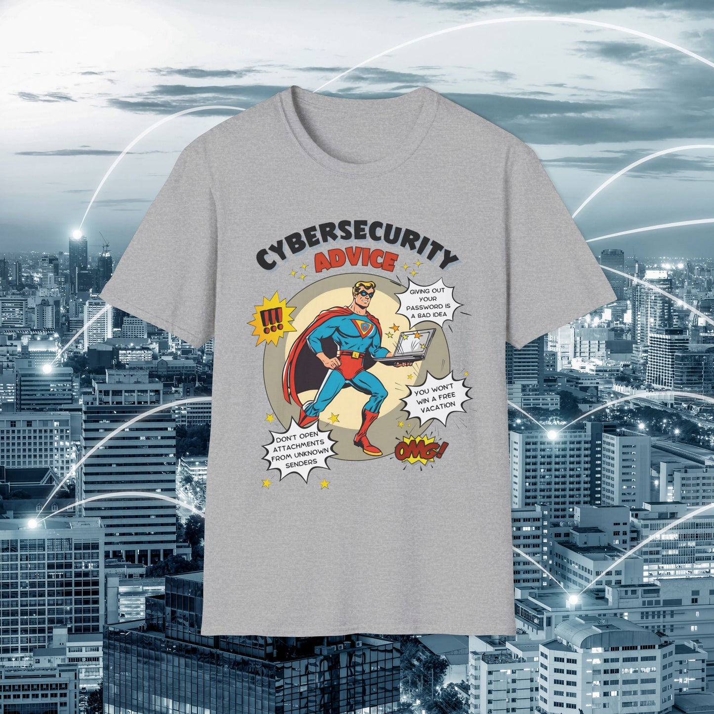 Men in stem Superhero shirt | Male Cybersecurity Advice | Vintage comic style