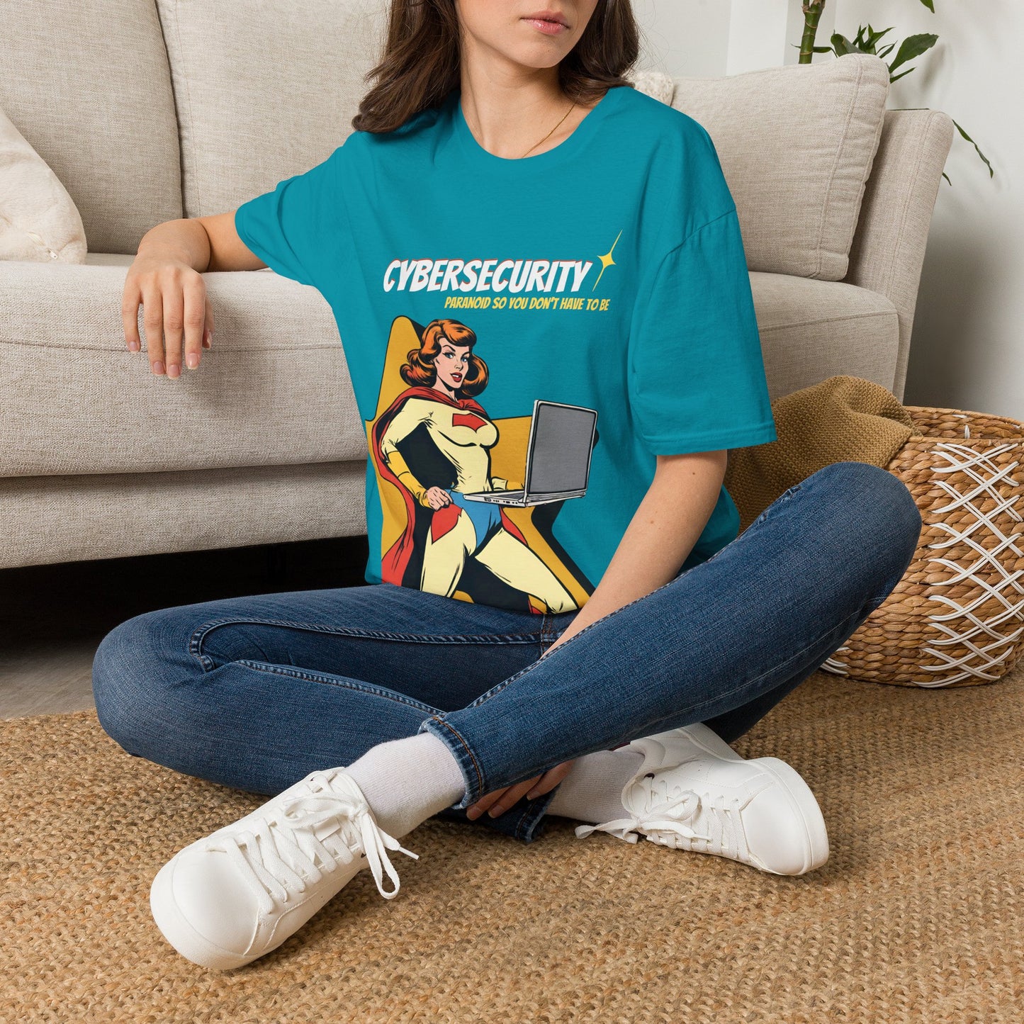 Cybersecurity Retro Comic T‑Shirt | "Paranoid So You Don’t Have To Be" | Female Superhero | Women in STEM shirt