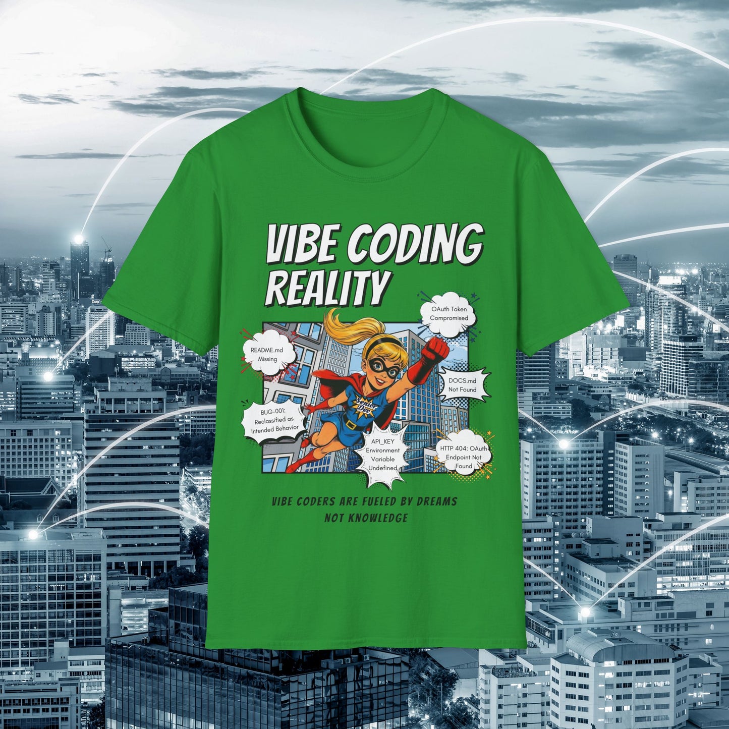 Vibe Coding Reality T-Shirt | Funny Female Senior Dev Super Hero |  Programmer Comic Tee | Vibe Coders are Fueled by Dreams