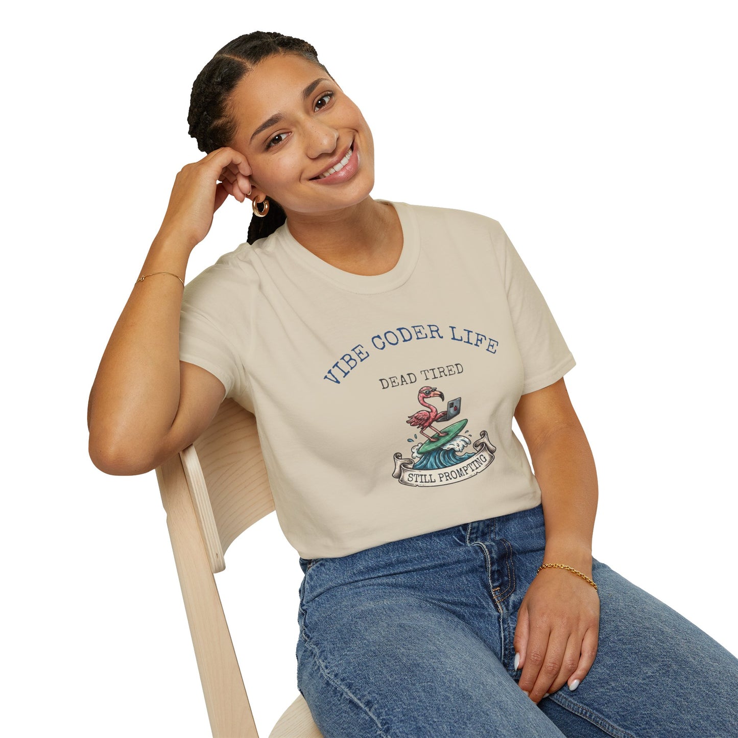 Vibe Coder Life Dead Tired Still Prompting Shirt | Flamingo on Surfboard Vibe Coding | Funny Tech shirt