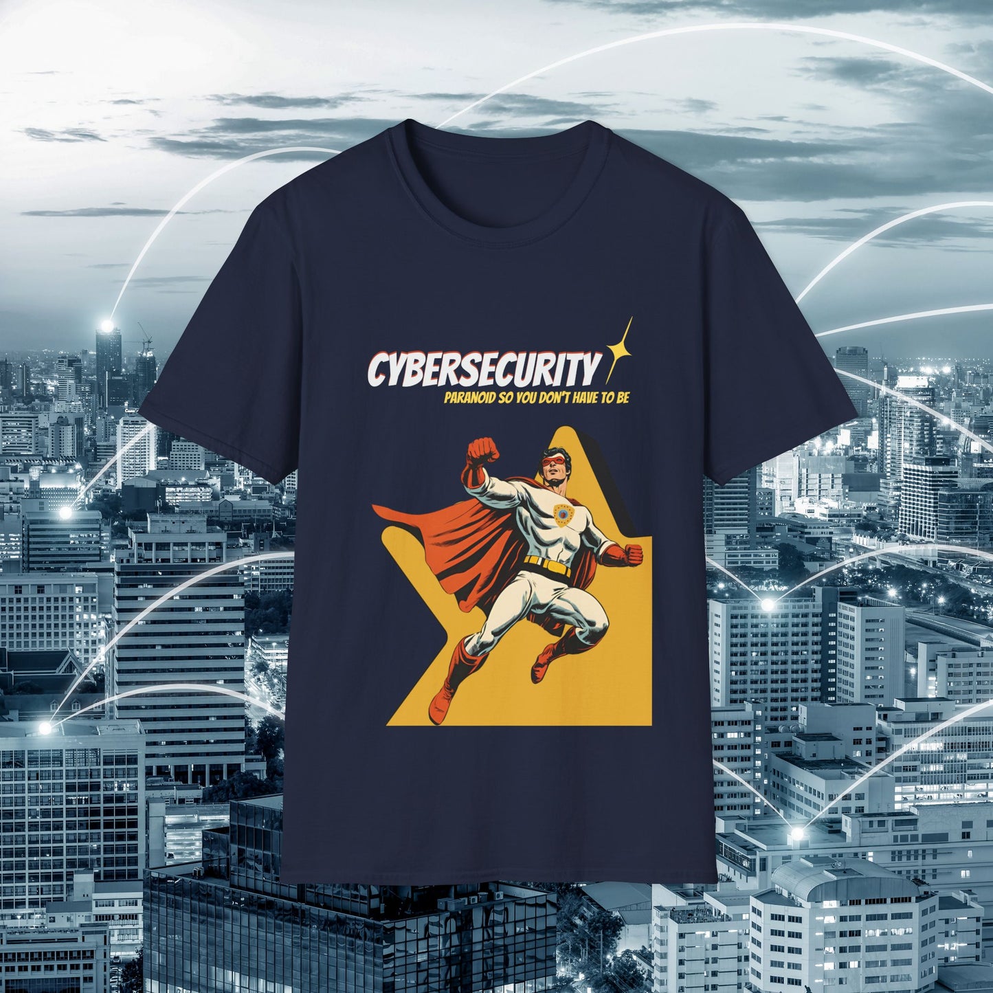 Cybersecurity Retro Comic T‑Shirt | "Paranoid So You Don’t Have To Be" | Male Superhero | Men in STEM shirt