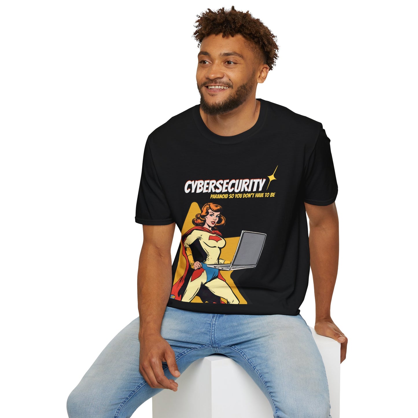 Cybersecurity Retro Comic T‑Shirt | "Paranoid So You Don’t Have To Be" | Female Superhero | Women in STEM shirt