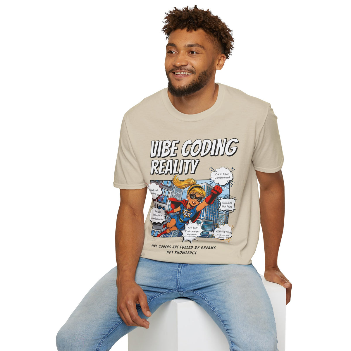 Vibe Coding Reality T-Shirt | Funny Female Senior Dev Super Hero |  Programmer Comic Tee | Vibe Coders are Fueled by Dreams