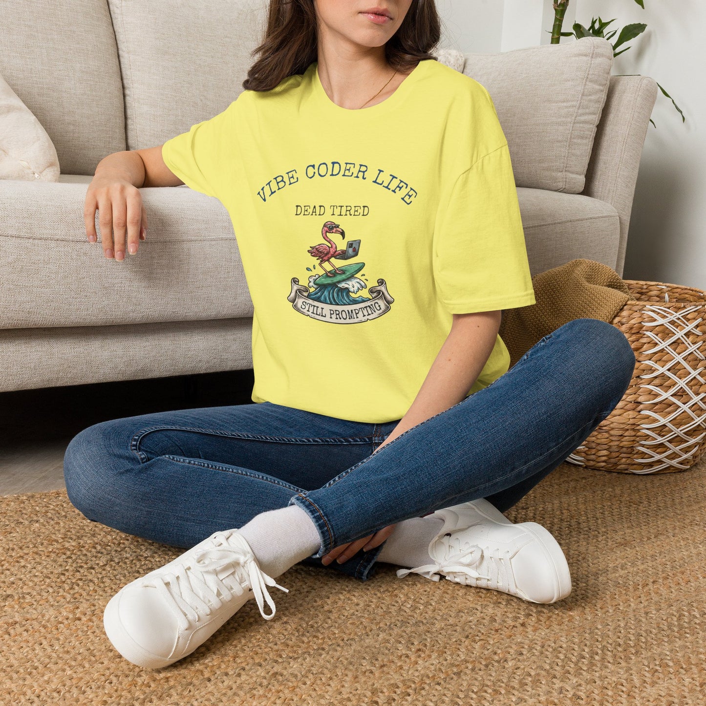 Vibe Coder Life Dead Tired Still Prompting Shirt | Flamingo on Surfboard Vibe Coding | Funny Tech shirt