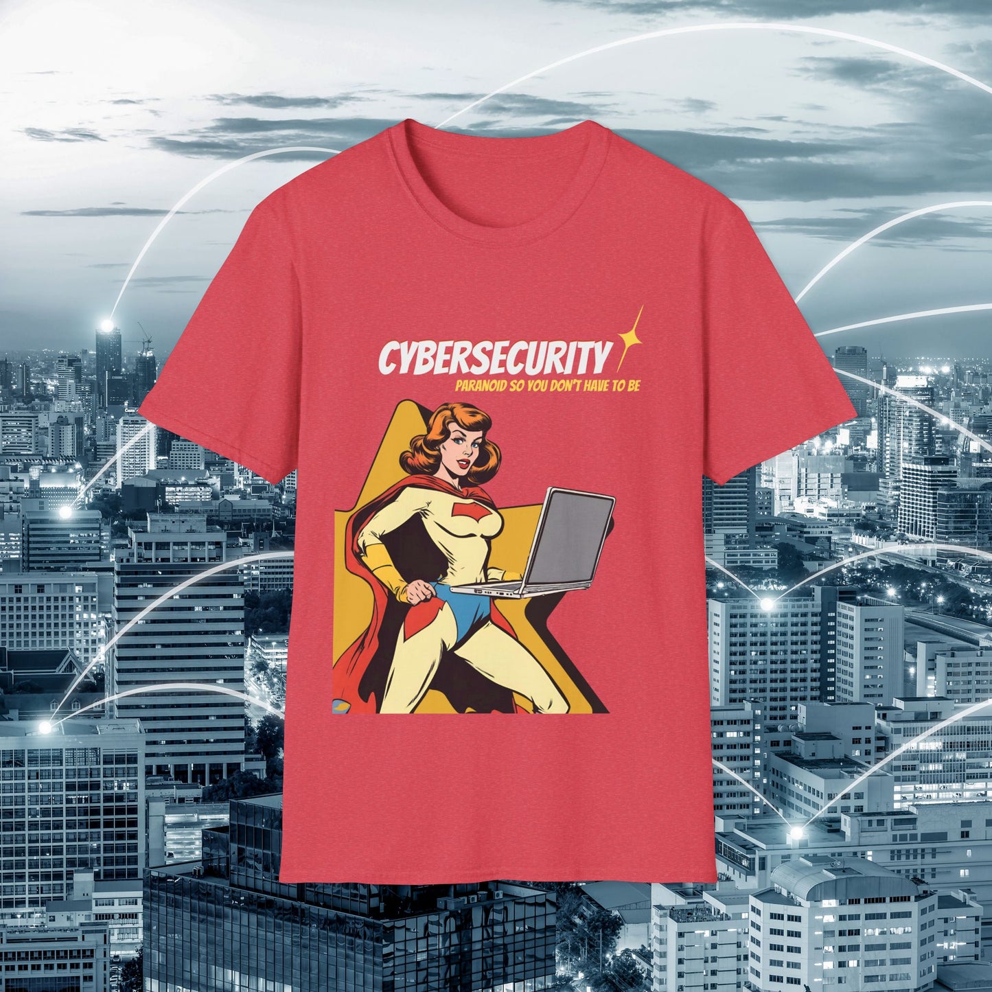 Cybersecurity Retro Comic T‑Shirt | "Paranoid So You Don’t Have To Be" | Female Superhero | Women in STEM shirt