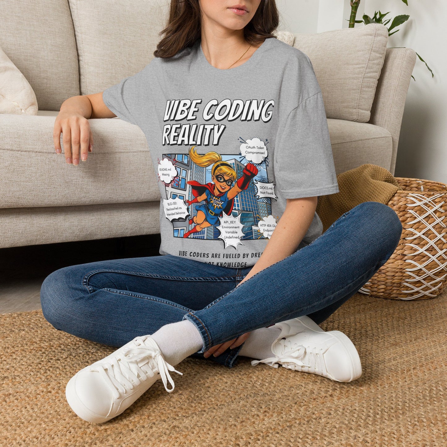 Vibe Coding Reality T-Shirt | Funny Female Senior Dev Super Hero |  Programmer Comic Tee | Vibe Coders are Fueled by Dreams