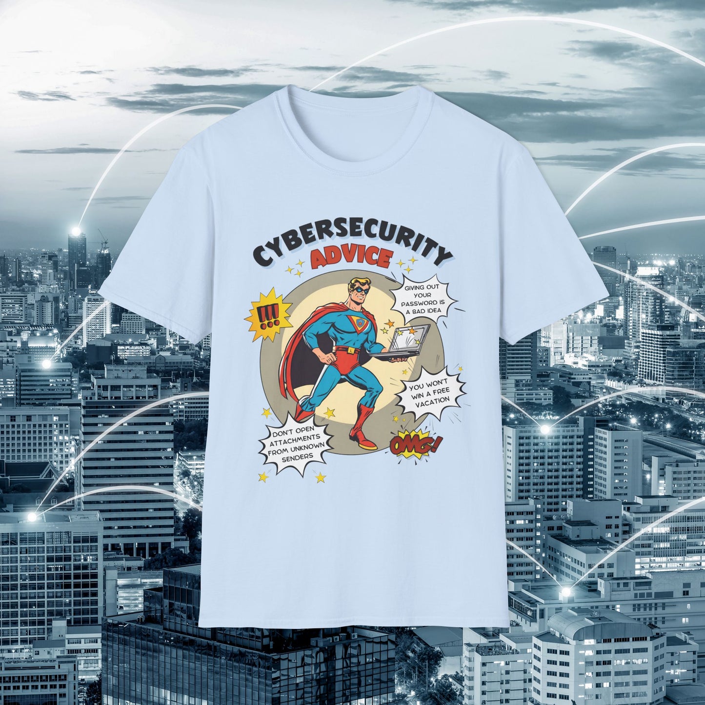 Men in stem Superhero shirt | Male Cybersecurity Advice | Vintage comic style