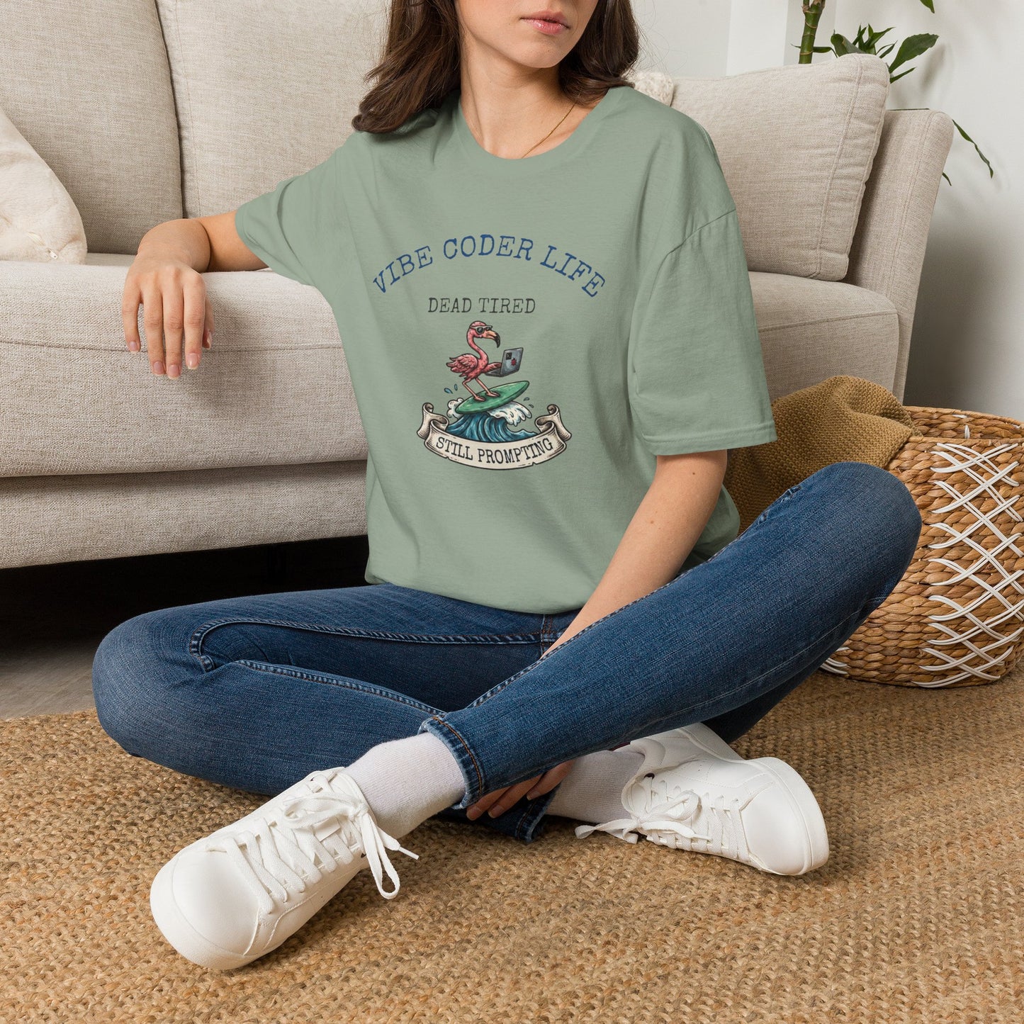Vibe Coder Life Dead Tired Still Prompting Shirt | Flamingo on Surfboard Vibe Coding | Funny Tech shirt