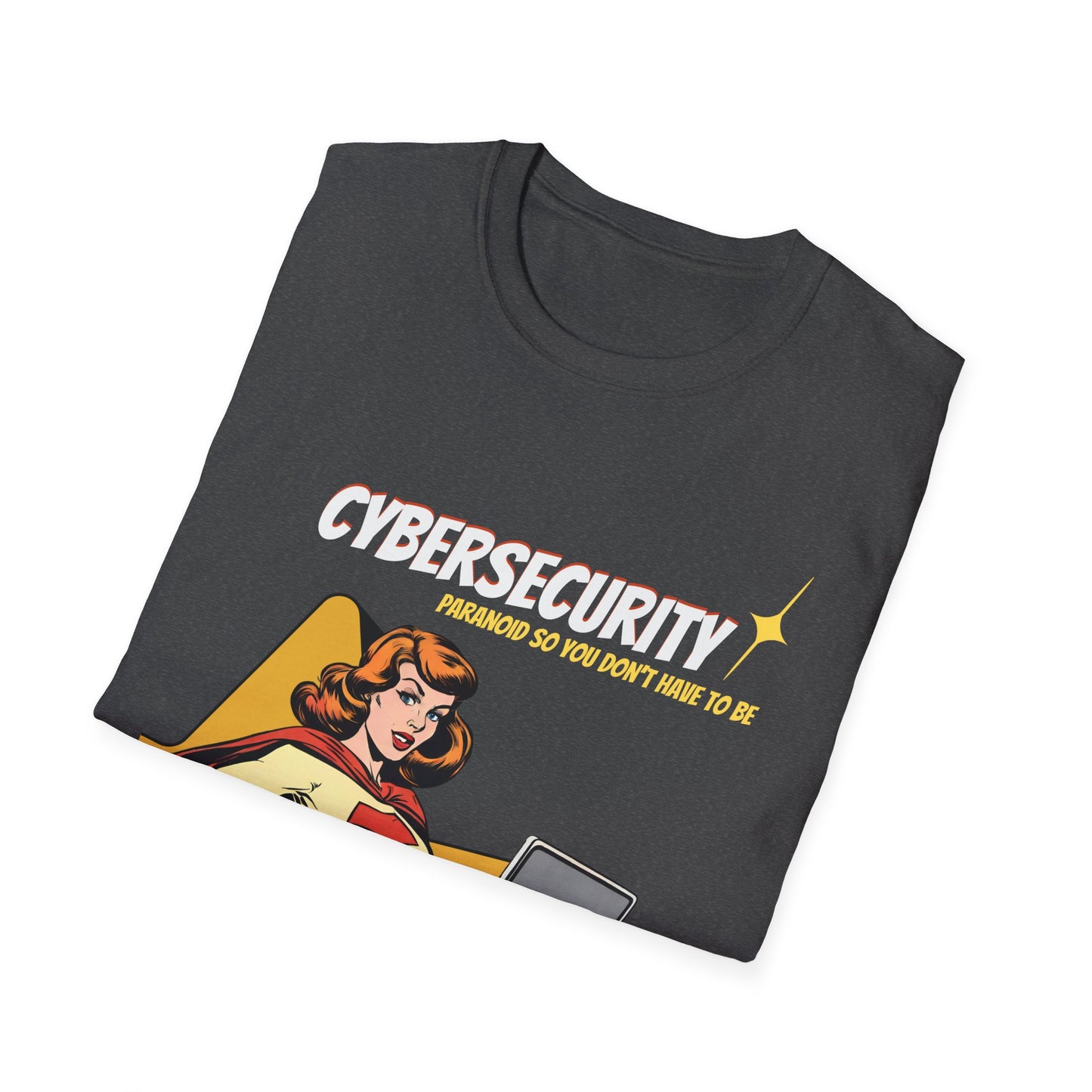 Cybersecurity Retro Comic T‑Shirt | "Paranoid So You Don’t Have To Be" | Female Superhero | Women in STEM shirt