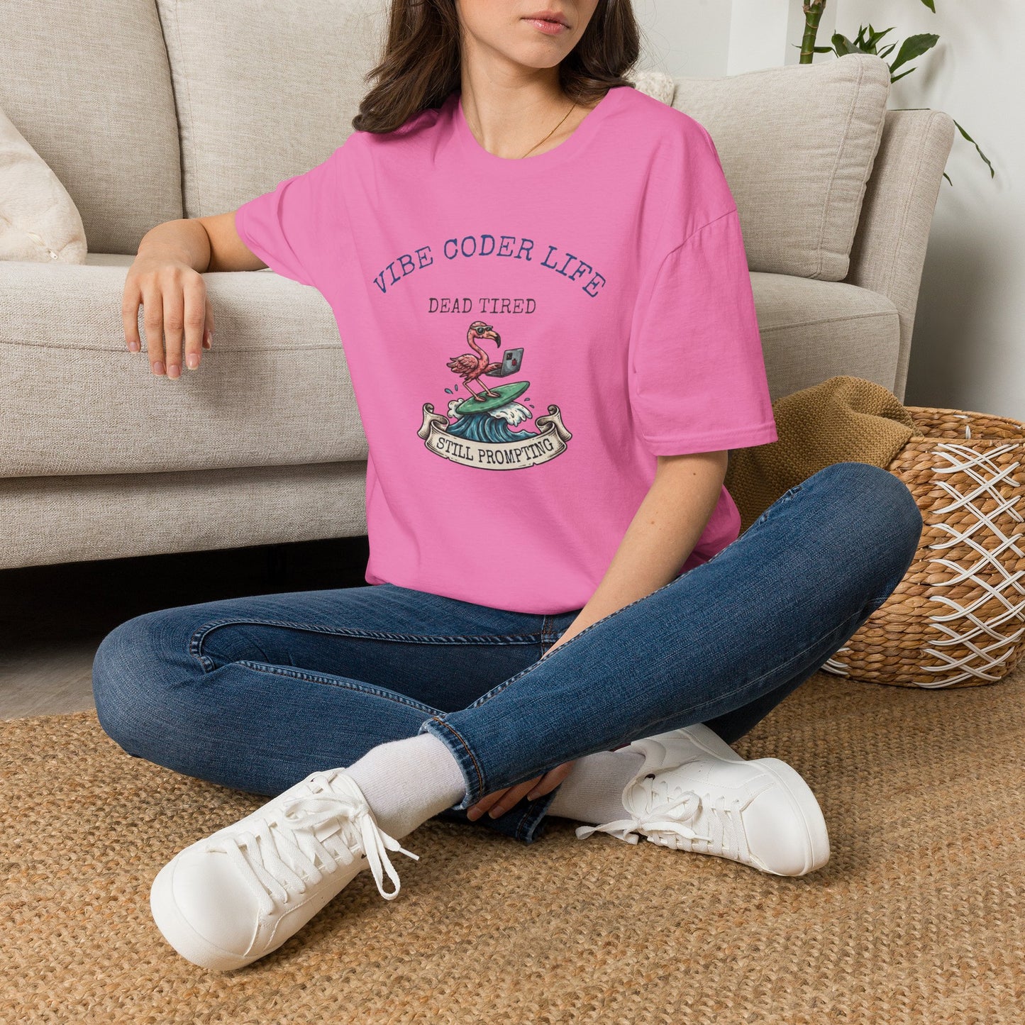 Vibe Coder Life Dead Tired Still Prompting Shirt | Flamingo on Surfboard Vibe Coding | Funny Tech shirt