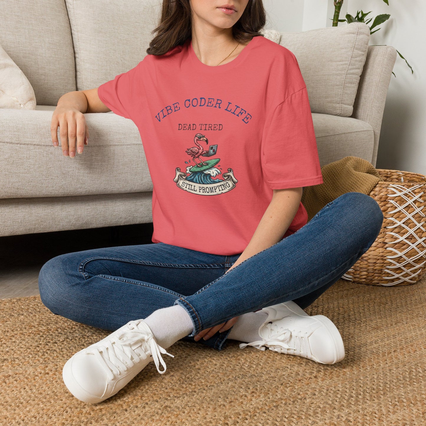 Vibe Coder Life Dead Tired Still Prompting Shirt | Flamingo on Surfboard Vibe Coding | Funny Tech shirt