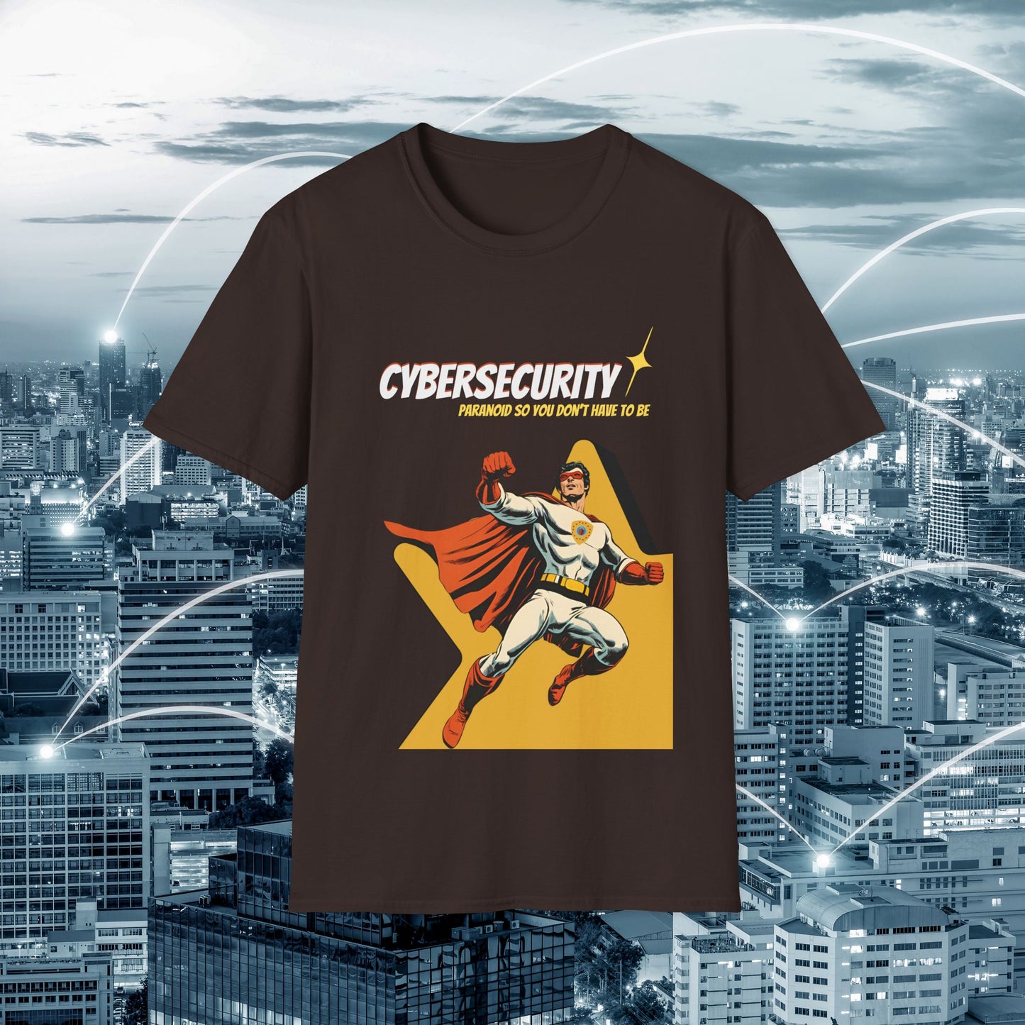 Cybersecurity Retro Comic T‑Shirt | "Paranoid So You Don’t Have To Be" | Male Superhero | Men in STEM shirt