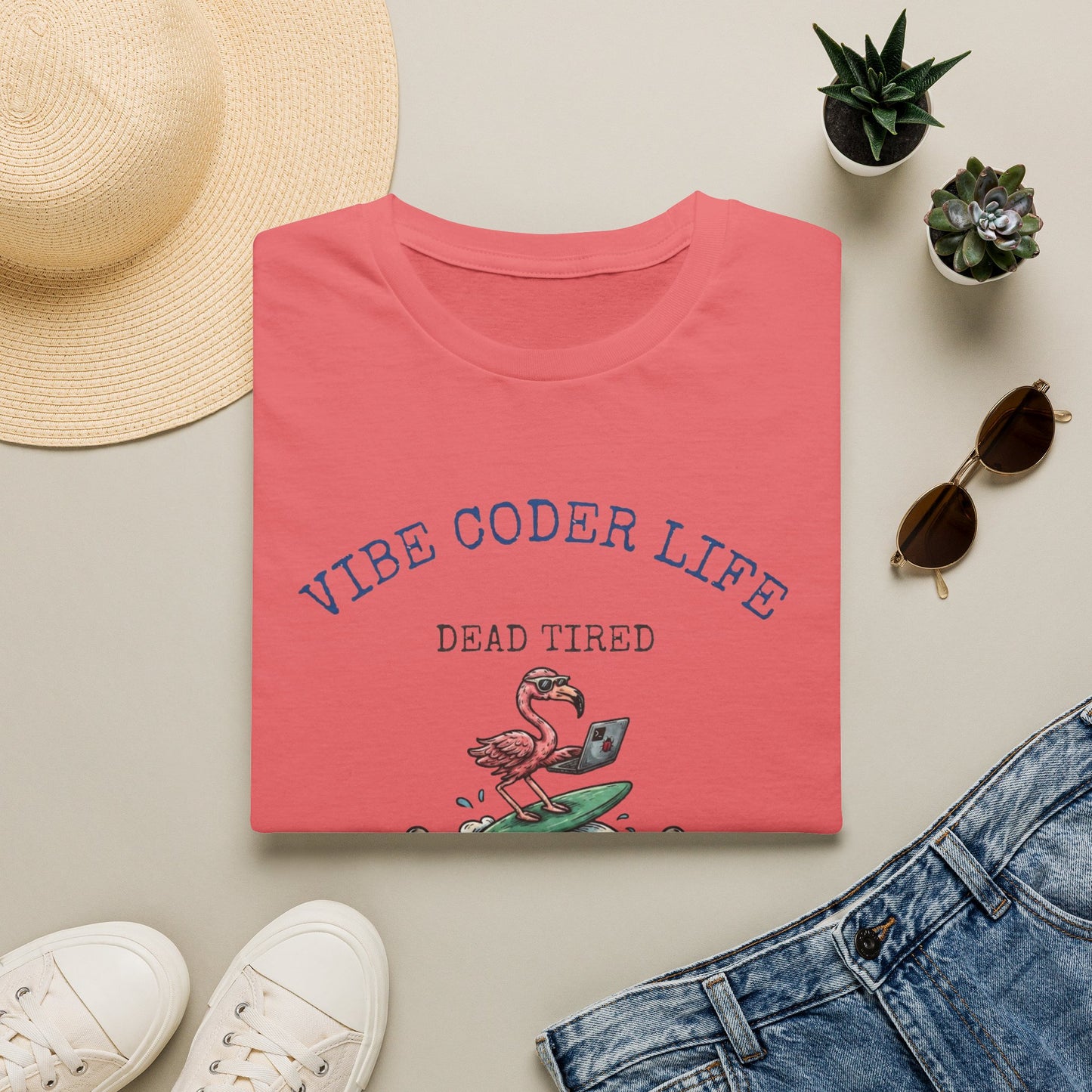 Vibe Coder Life Dead Tired Still Prompting Shirt | Flamingo on Surfboard Vibe Coding | Funny Tech shirt