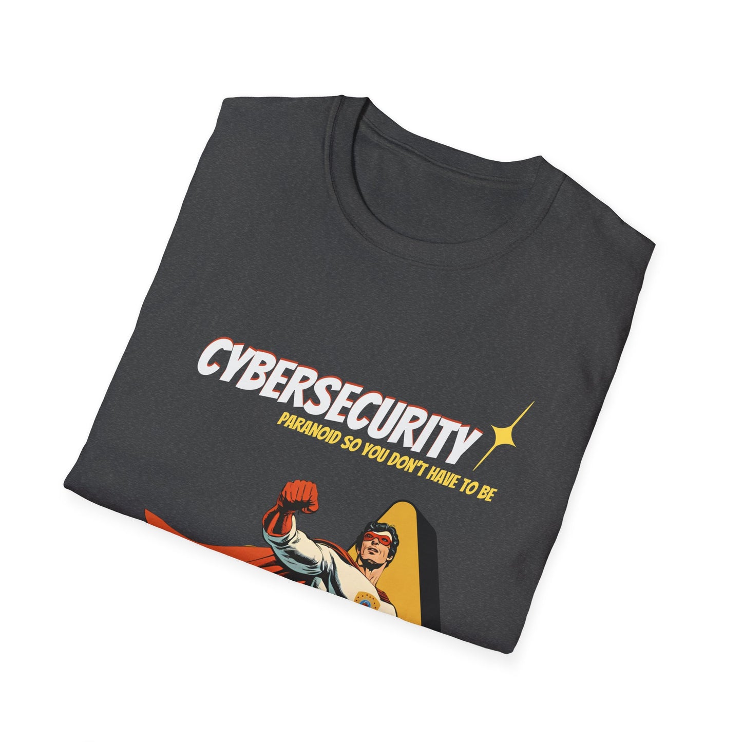 Cybersecurity Retro Comic T‑Shirt | "Paranoid So You Don’t Have To Be" | Male Superhero | Men in STEM shirt