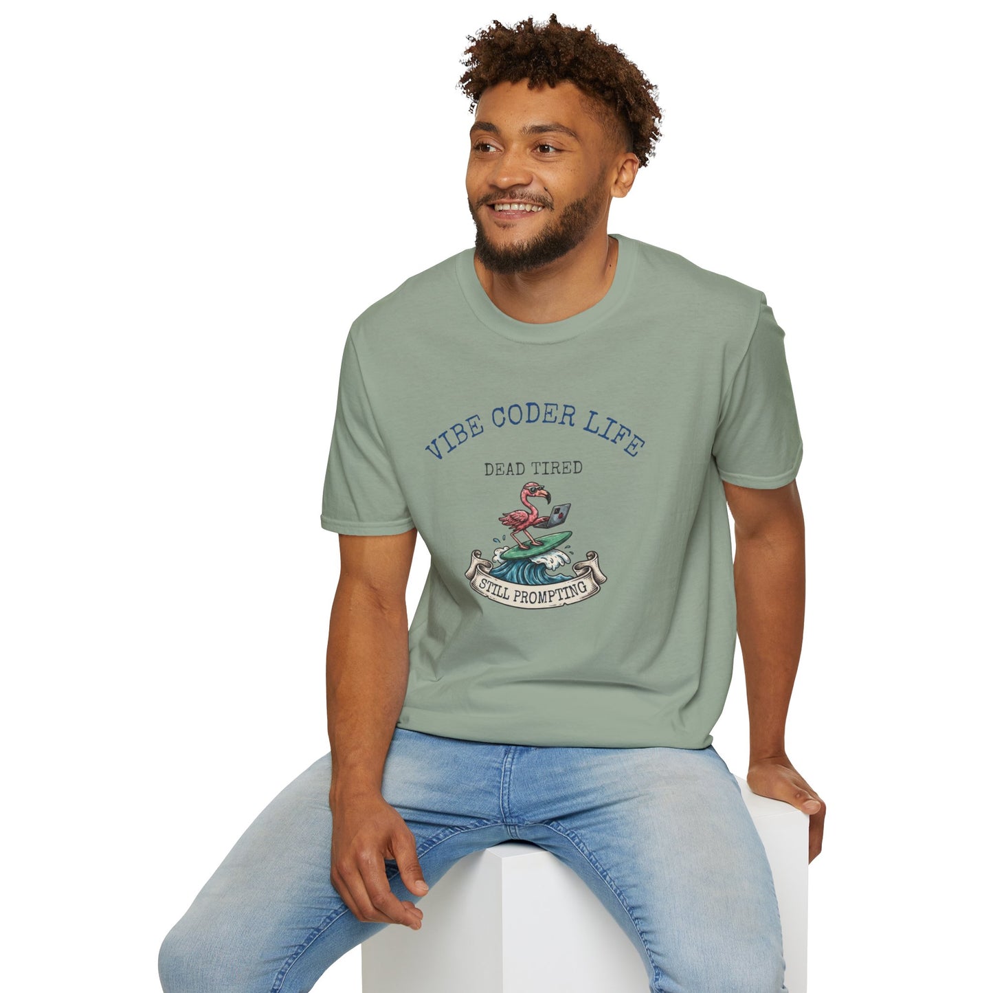 Vibe Coder Life Dead Tired Still Prompting Shirt | Flamingo on Surfboard Vibe Coding | Funny Tech shirt