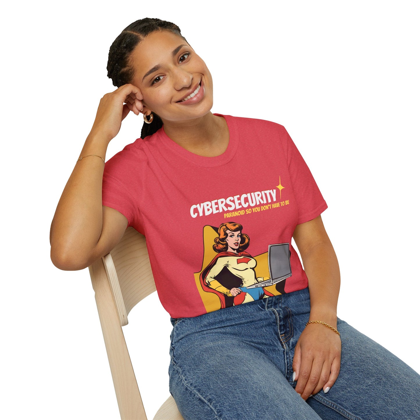 Cybersecurity Retro Comic T‑Shirt | "Paranoid So You Don’t Have To Be" | Female Superhero | Women in STEM shirt