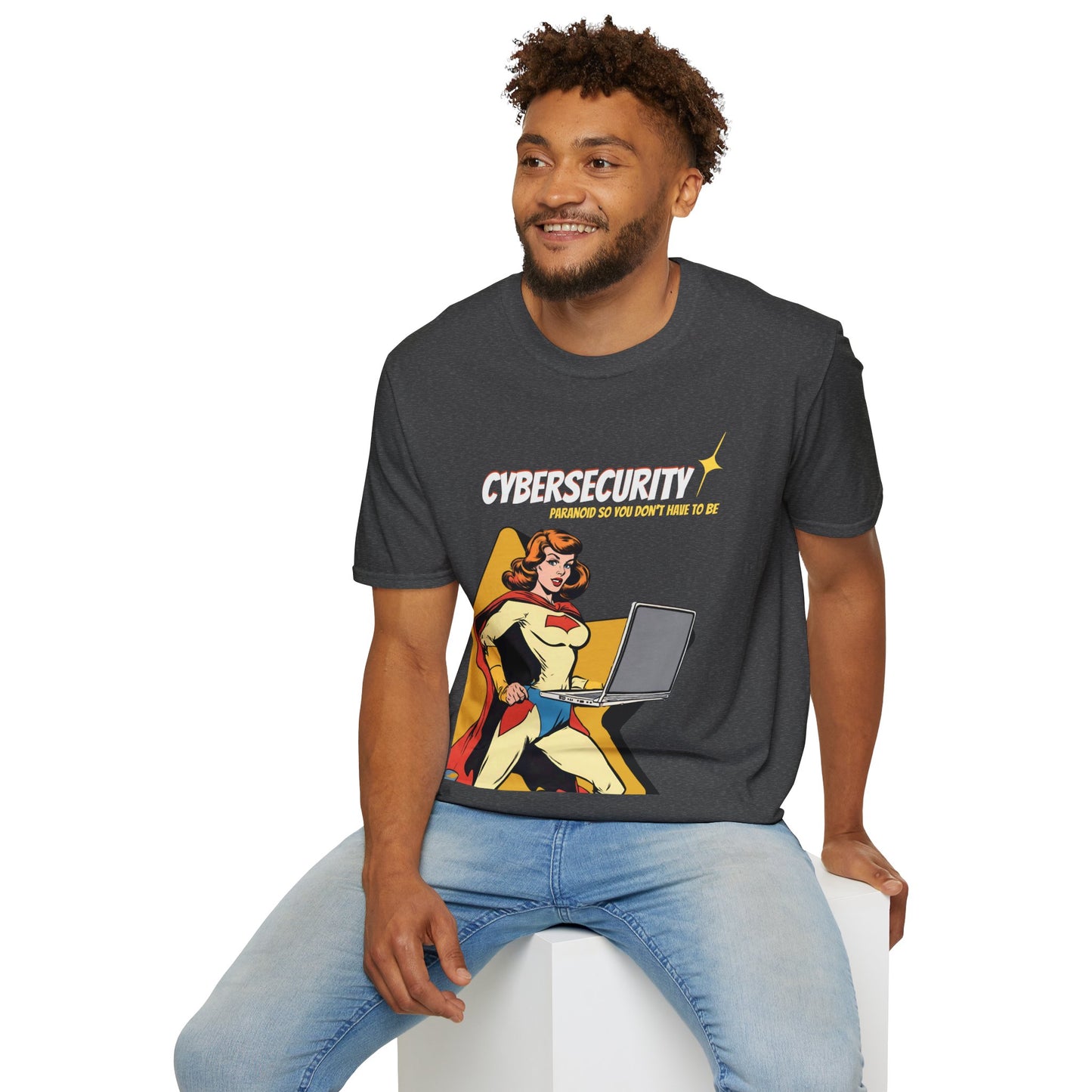 Cybersecurity Retro Comic T‑Shirt | "Paranoid So You Don’t Have To Be" | Female Superhero | Women in STEM shirt
