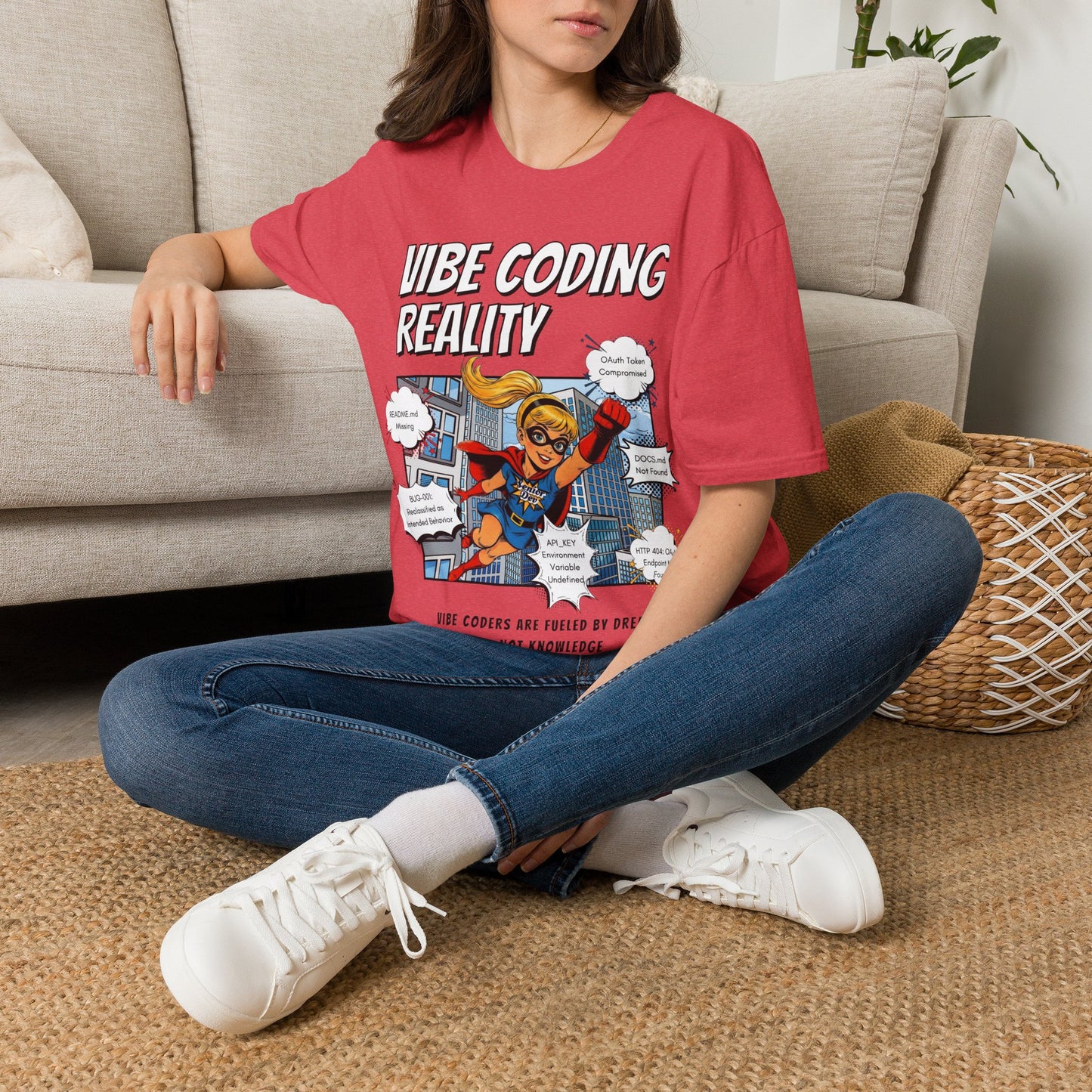 Vibe Coding Reality T-Shirt | Funny Female Senior Dev Super Hero |  Programmer Comic Tee | Vibe Coders are Fueled by Dreams