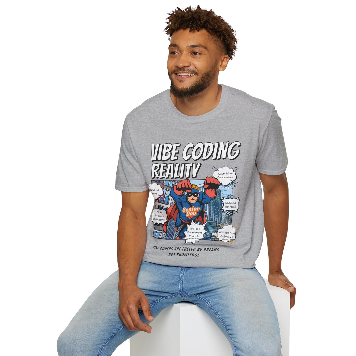 Vibe Coding Reality T-Shirt | Funny Male Senior Dev Super Hero |  Programmer Comic Tee | Vibe Coders are Fueled by Dreams