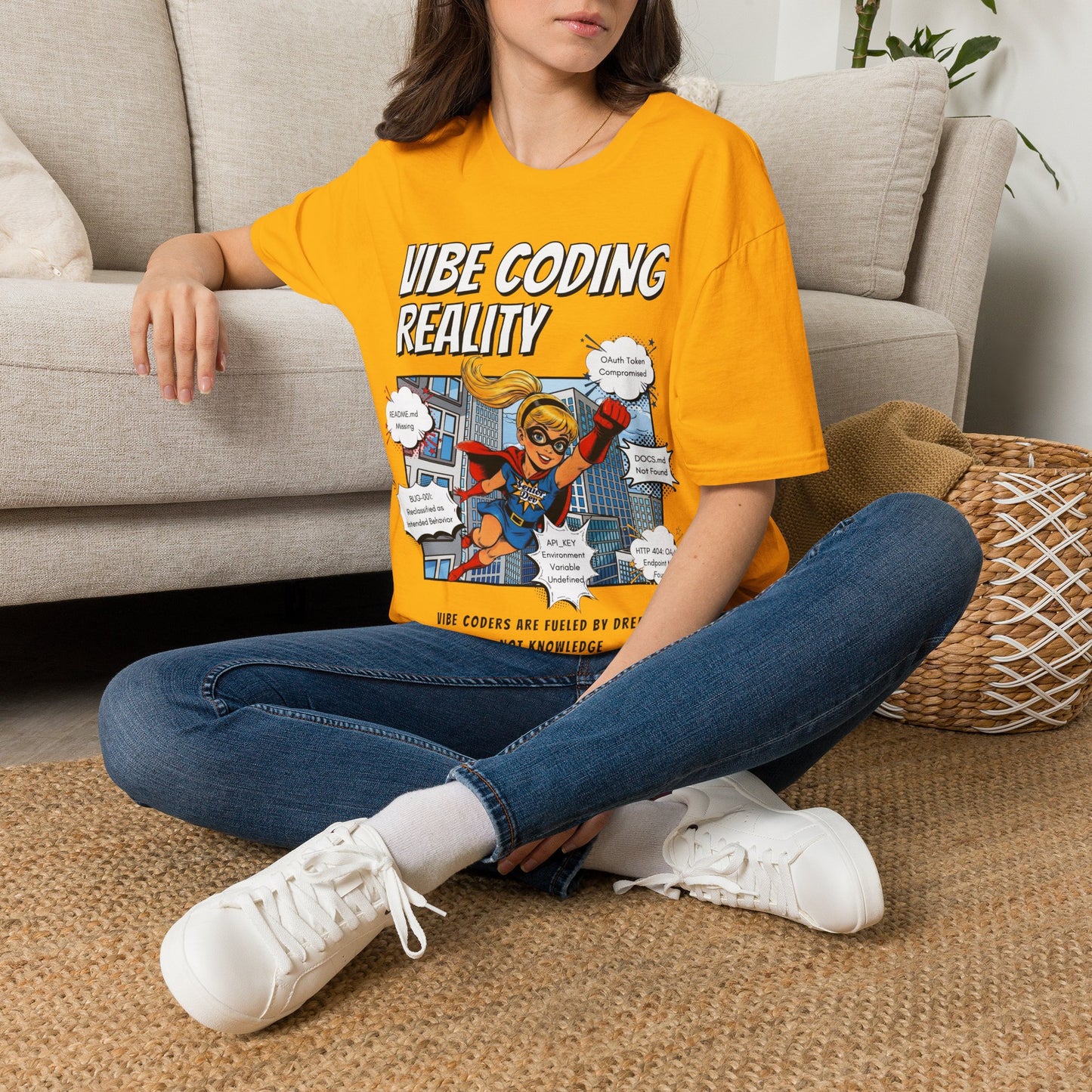 Vibe Coding Reality T-Shirt | Funny Female Senior Dev Super Hero |  Programmer Comic Tee | Vibe Coders are Fueled by Dreams