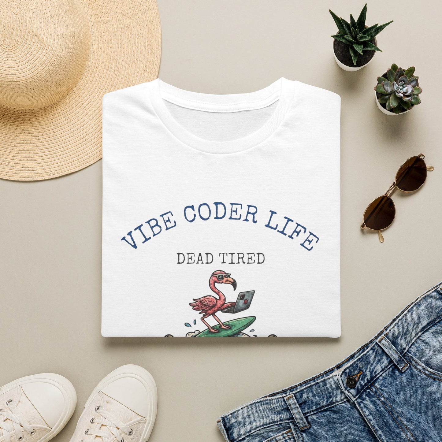 Vibe Coder Life Dead Tired Still Prompting Shirt | Flamingo on Surfboard Vibe Coding | Funny Tech shirt