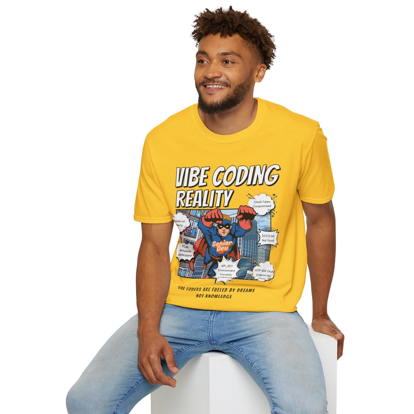 Vibe Coding Reality T-Shirt | Funny Male Senior Dev Super Hero |  Programmer Comic Tee | Vibe Coders are Fueled by Dreams