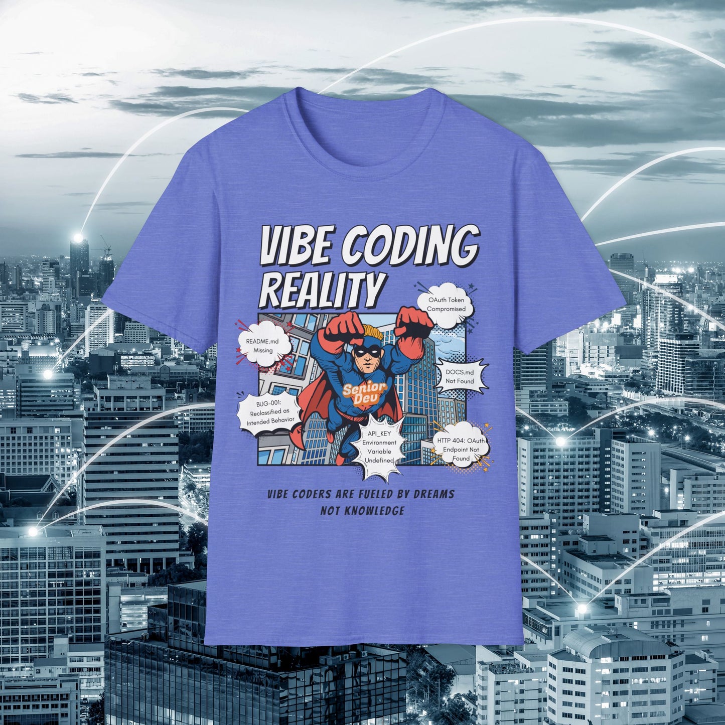 Vibe Coding Reality T-Shirt | Funny Male Senior Dev Super Hero |  Programmer Comic Tee | Vibe Coders are Fueled by Dreams