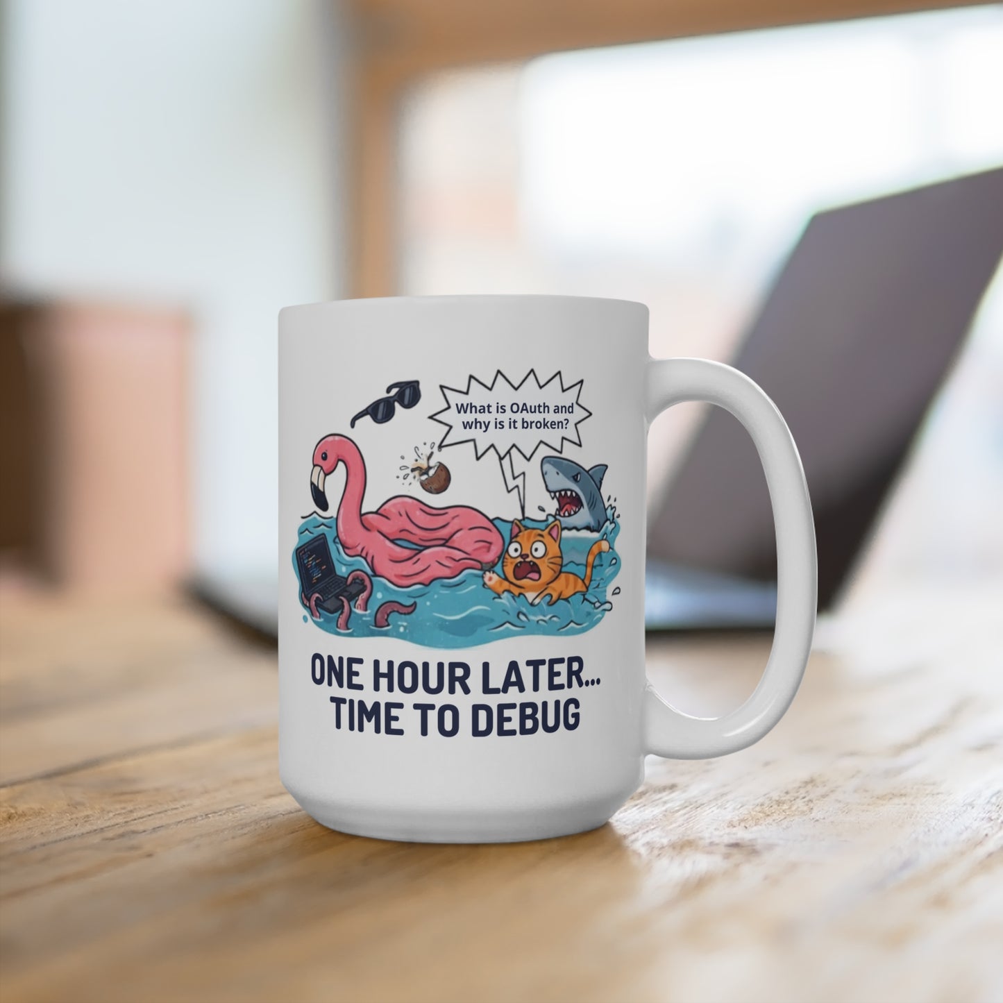 Funny Vibe Coder Mug | Vibe Coding Cat Goes into Chaos......One Hour Later... Time to Debug 15oz Programmer Mug