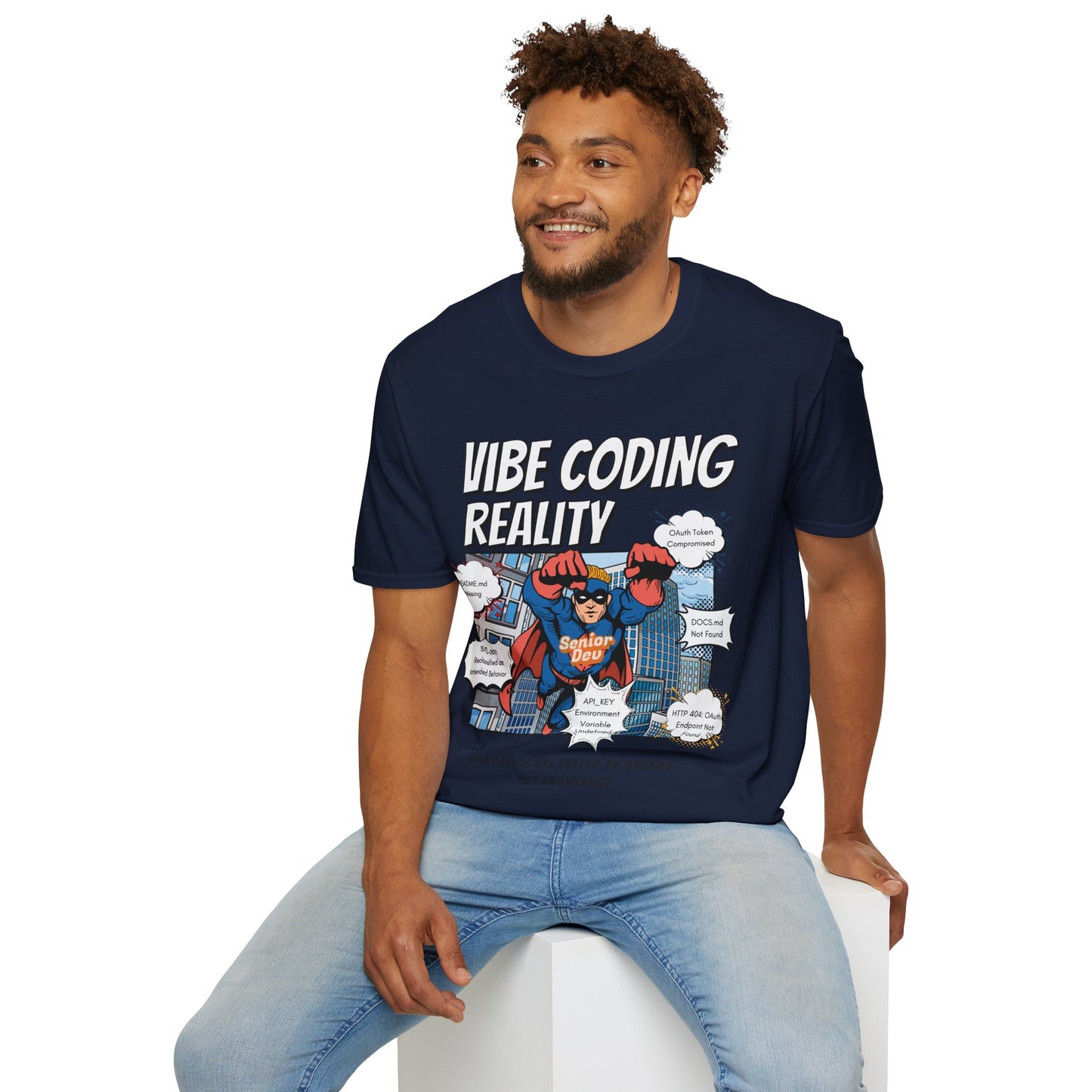 Vibe Coding Reality T-Shirt | Funny Male Senior Dev Super Hero |  Programmer Comic Tee | Vibe Coders are Fueled by Dreams